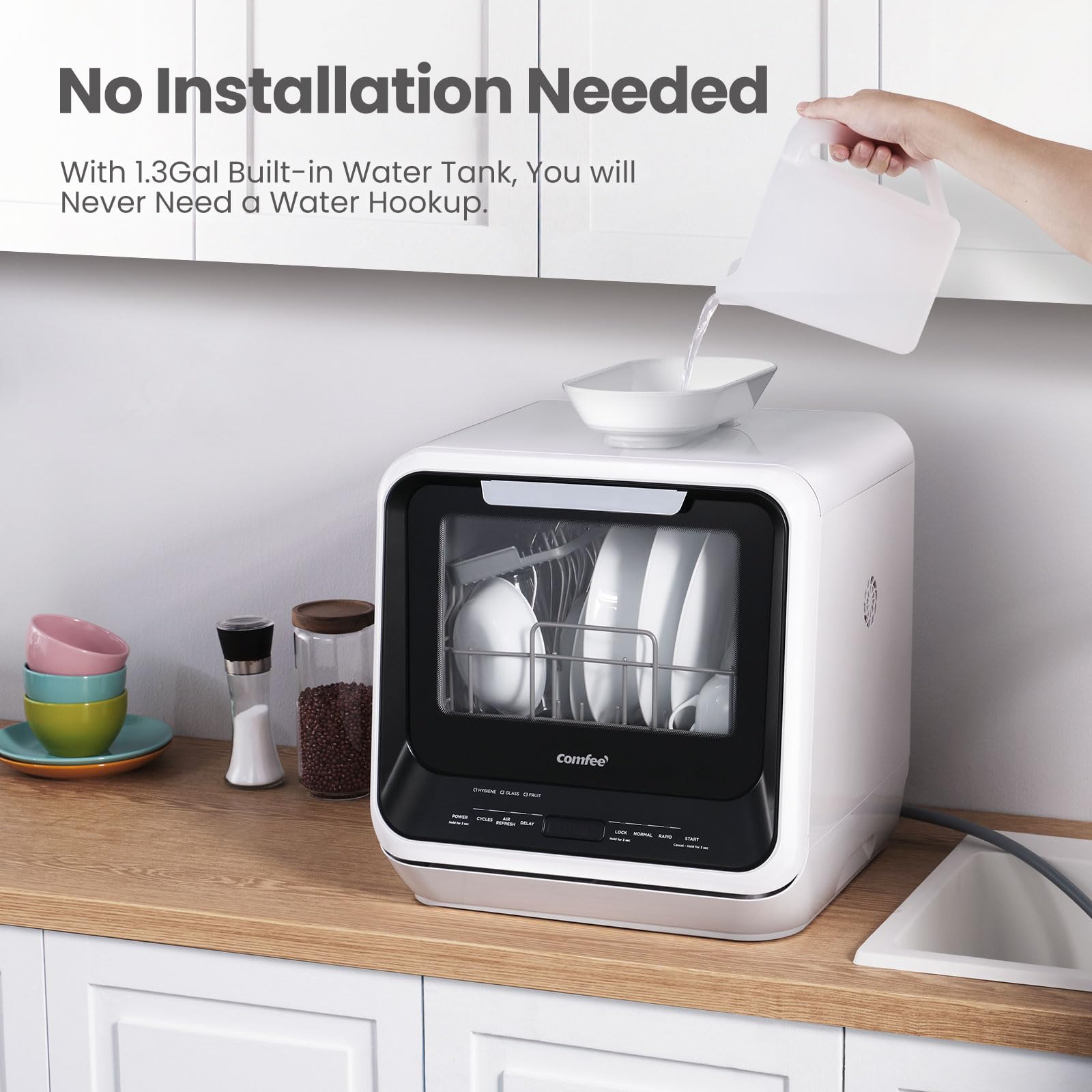 COMFEE' Portable Dishwasher Countertop with 5L Built-in Water Tank, No Hookup Needed, 6 Programs, 360° Dual Spray, 192℉ High-Temp& Air-Dry Function, Mini Dishwasher for RVs, White