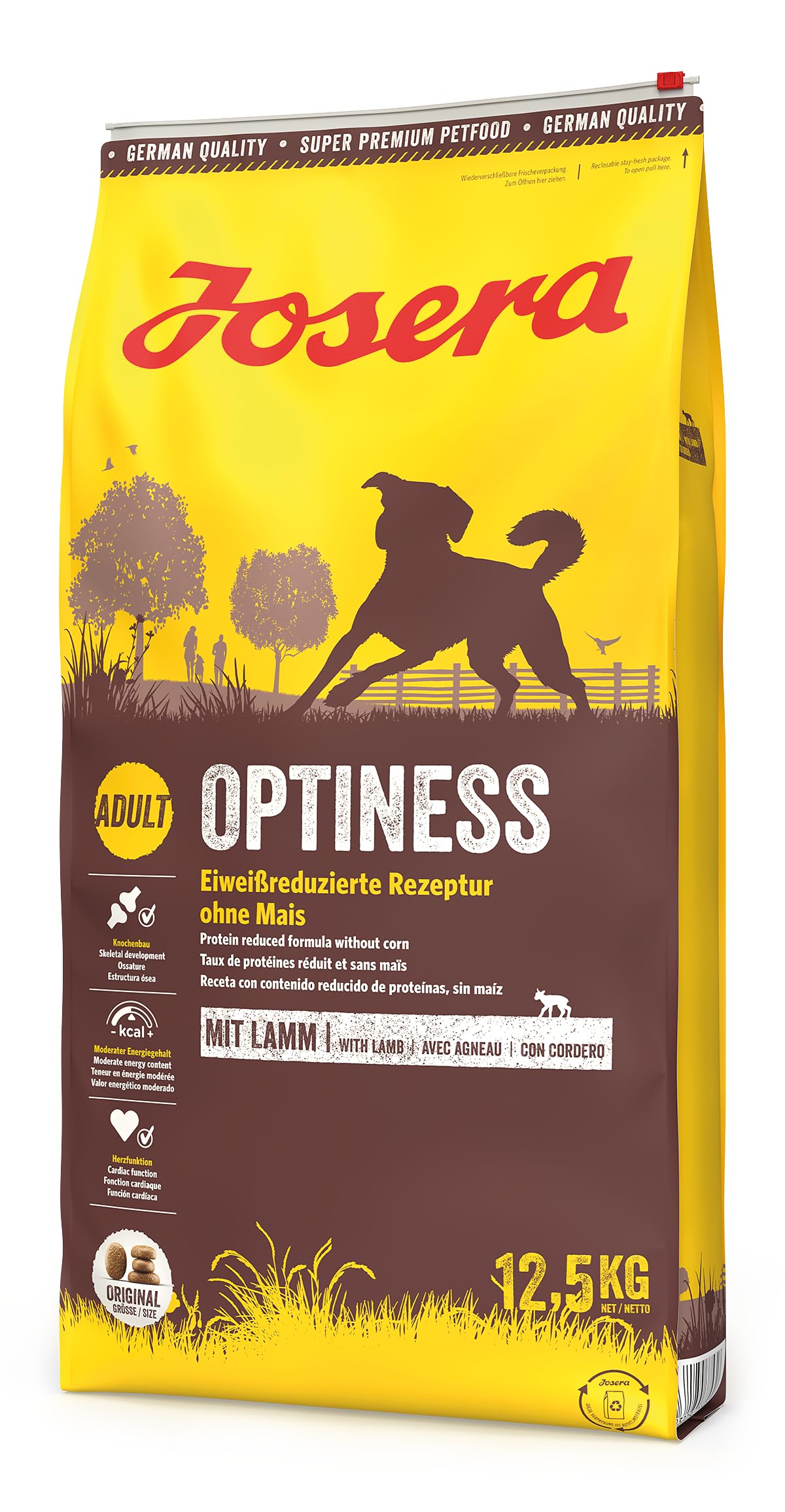 JOSERA Adult Large Optiness Lamm & Reis (1 x 12,5 kg) | Premium Trockenfutter für ausgewachsene Hunde | eiweißreduziert | weizenfrei | wertvolle Fettsäuren | XL-Kroketten gegen Schlingen
