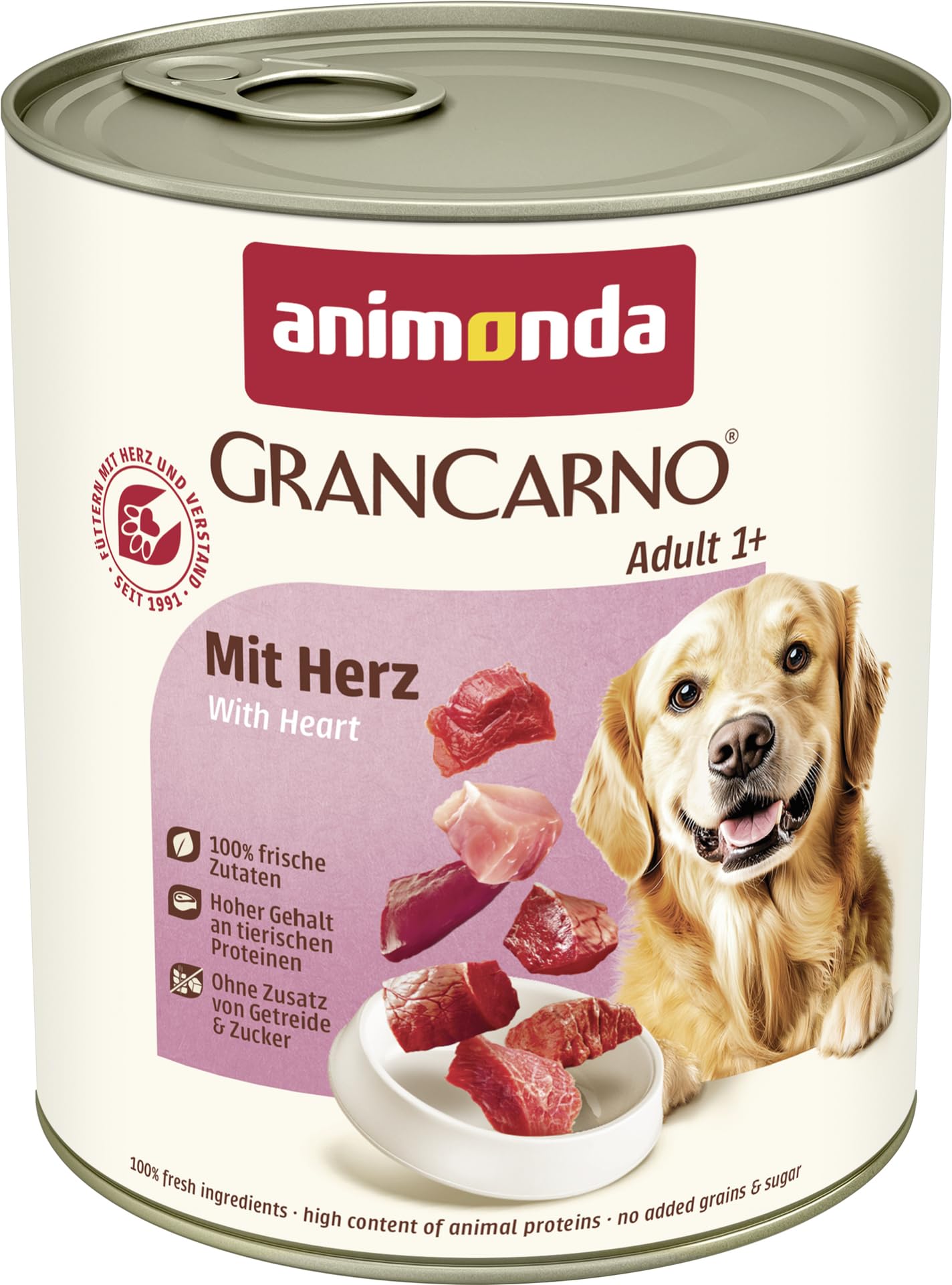 animonda GranCarno Hunde Nassfutter mit Rind + Entenherzen (6 x 800 g), getreidefreies Hundenassfutter ohne Zucker, für ausgewachsene Hunde, mit frischen fleischigen Zutaten