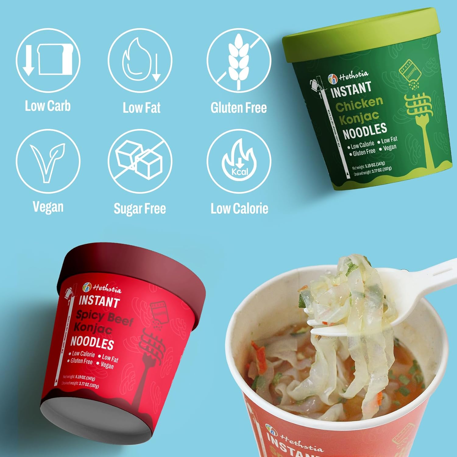 Hethstia Konjac Noodle, 6-Pack Pre-cooked Low Carb Shirataki Pho Soup Variety Flavor (Chicken, Spicy Curry, Spicy Beef)- Low-Calorie, Sugar-Free, Vegan, Gluten-Free, 34.32oz Keto-Friendly Asian Meal