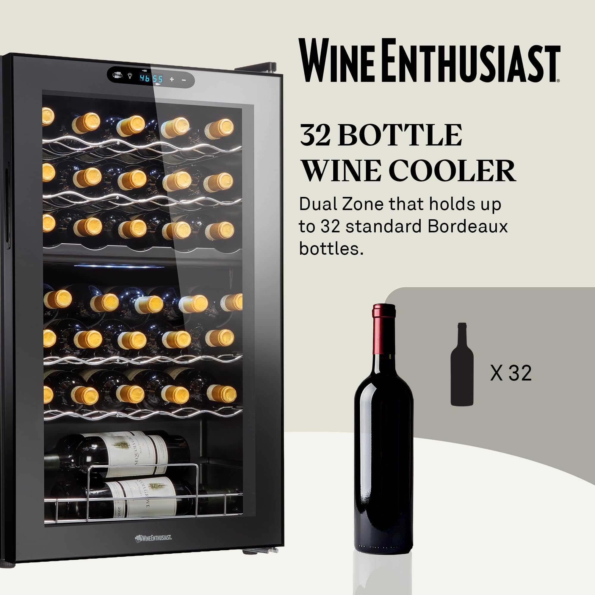 Wine Enthusiast 32-Bottle Dual Zone MAX Compressor Wine Cooler – Freestanding Mini Fridge with Digital Touchscreen, LED Display, Split Storage for Red & White Wines, Matte Black Refrigerator Home Bar