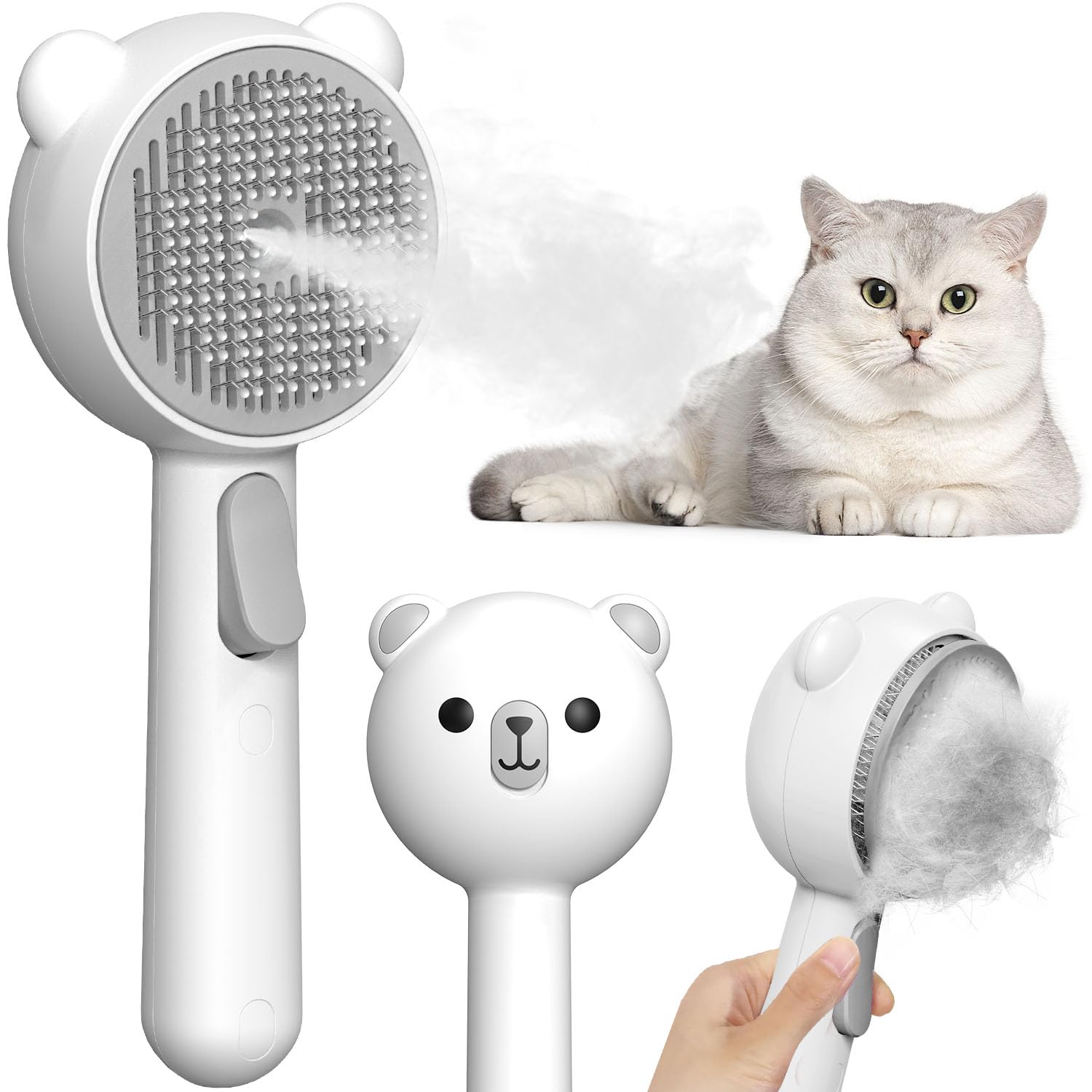 Katzenbürste mit Dampf & Auslöseknopf, Wiederaufladbar Dampfbürste von Katze Hunde, Spray Haustierhaar Bürste, Massage Steamer Kamm für Langhaar und Kurzhaar zum Entfernen Losem Fell und Schmutz