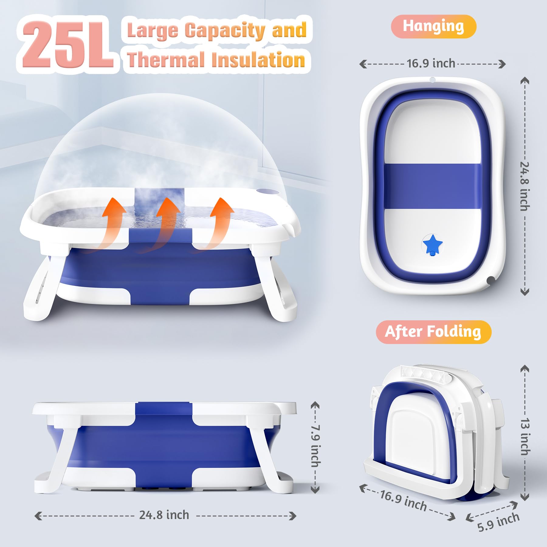 Baby Badewanne Faltbare, Baby Bathtub Babywanne Faltbar Babybadewanne Tragbare Wanne für Neugeborene Kleinkinder mit Rutschfester Matte und Abflussloch (Kein Thermometer) (Grau)