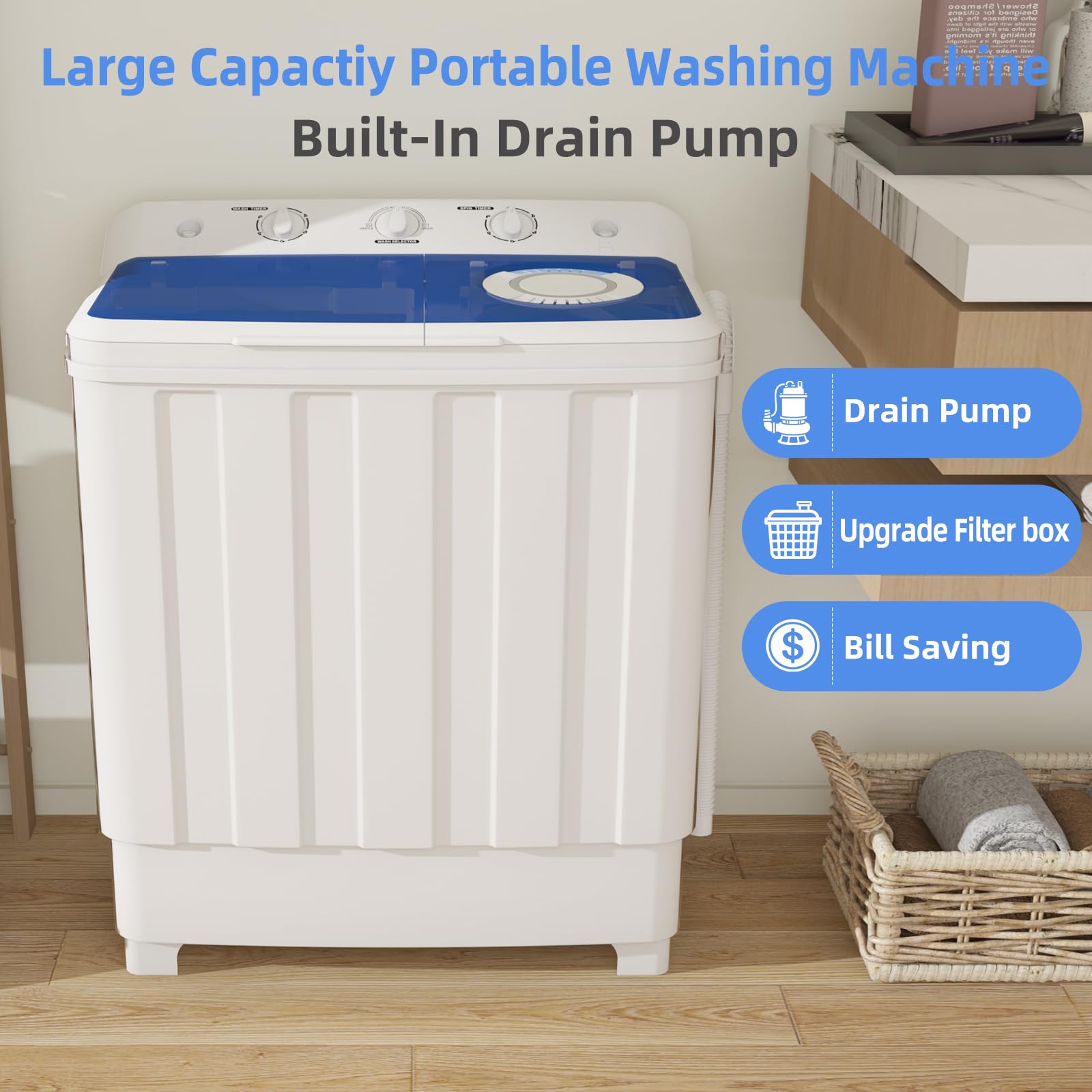 VCJ Portable Washing Machine, Twin Tub Washing Machine Laundry Compact Washer spinner Combo with 14lbs capacity, 9Lbs Washer and 5Lbs Spinner dryer for Apartments RVs and Dorms
