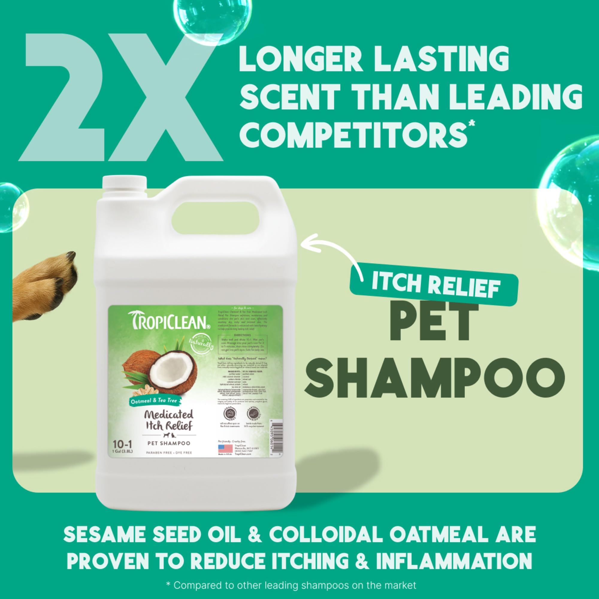 TropiClean Shampoo für Tiere - Med. Juckreizlinderung - Peelt, Befeuchtet & beruhigt trockene, juckende Haut & Fell I Für Hunde & Katzen I Parabens-, Farb- und Seifenfrei - Hafermehl & Teebaum, 3,78 L