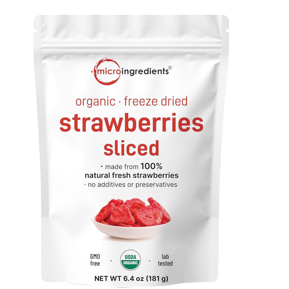 Micro Ingredients Organic Strawberries Sliced, 6.4oz | 100% Natural Fruit | Freeze Dried Strawberry Source | No Sugar & Additives | Healthy Snack & Topping for Beverages or Recipes | Non-GMO, Vegan