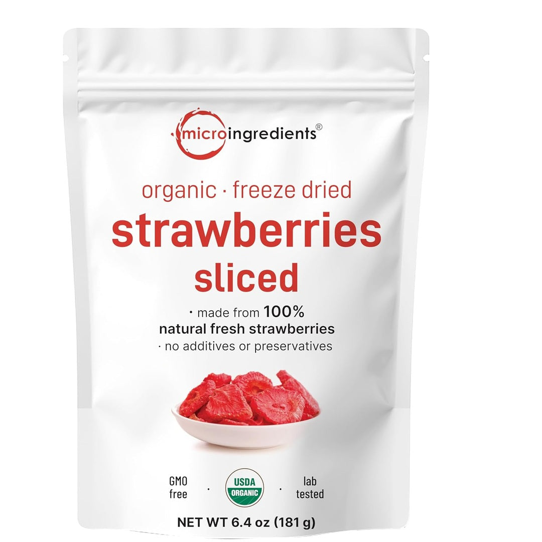 Micro Ingredients Organic Strawberries Sliced, 6.4oz | 100% Natural Fruit | Freeze Dried Strawberry Source | No Sugar & Additives | Healthy Snack & Topping for Beverages or Recipes | Non-GMO, Vegan