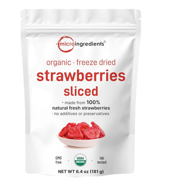 Micro Ingredients Organic Strawberries Sliced, 6.4oz | 100% Natural Fruit | Freeze Dried Strawberry Source | No Sugar & Additives | Healthy Snack & Topping for Beverages or Recipes | Non-GMO, Vegan