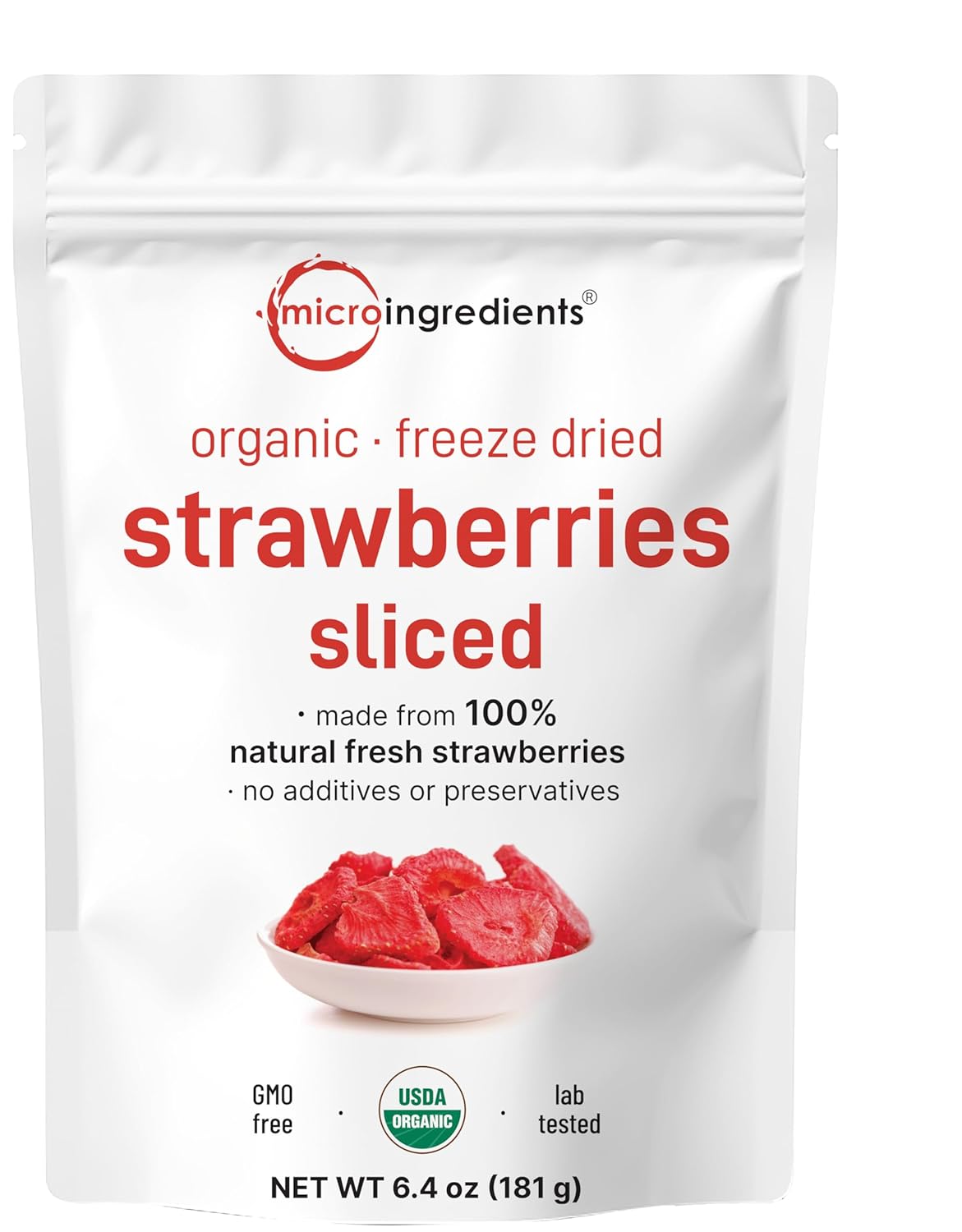 Micro Ingredients Organic Strawberries Sliced, 6.4oz | 100% Natural Fruit | Freeze Dried Strawberry Source | No Sugar & Additives | Healthy Snack & Topping for Beverages or Recipes | Non-GMO, Vegan