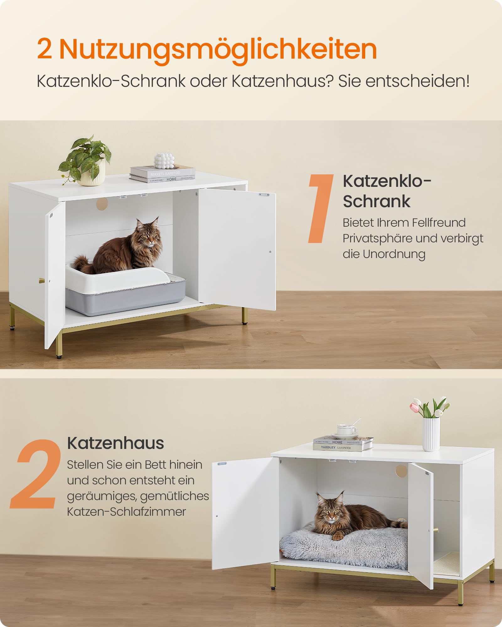 Feandrea Katzenklo-Schrank, Katzenhaus, Katzentoilette, mit Kratzmatte, hohe Beine, für Katzen, Beistelltisch, 80 x 50 x 55 cm, weiß-goldfarben PCL007W01