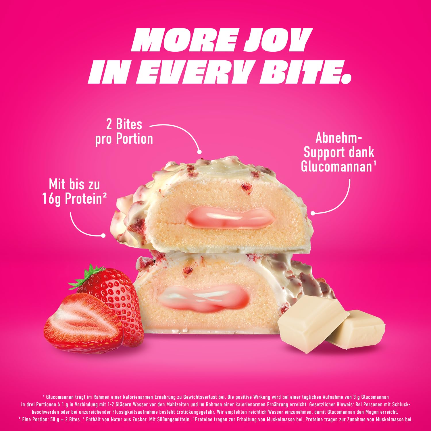MORE Protein Satisbites, 12er Box Proteinriegel, 12 x 2 x 25 g, White Chocolate Strawberry Cream, bis zu 16 g Protein pro Portion, ohne Zuckerzusatz, made in Germany