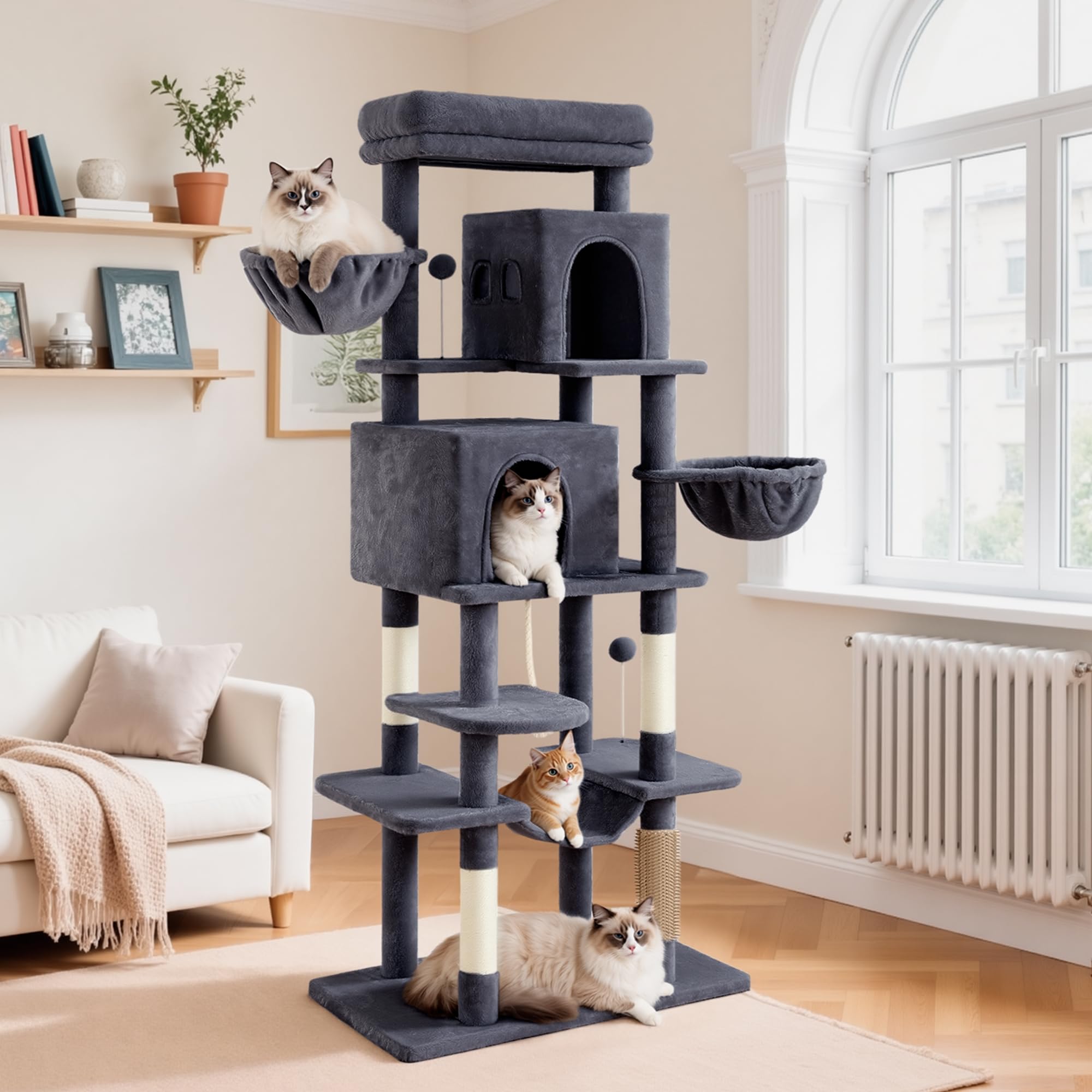 YITAHOME Kratzbaum, Katzenkratzbaum, für Große Katze, Katzenbaum, Katzenbürsten, 11 cm Dicke Stämme, Große Plattformen, Plüschkissen, Höhle, 50 x 50 x 157 cm, Beige