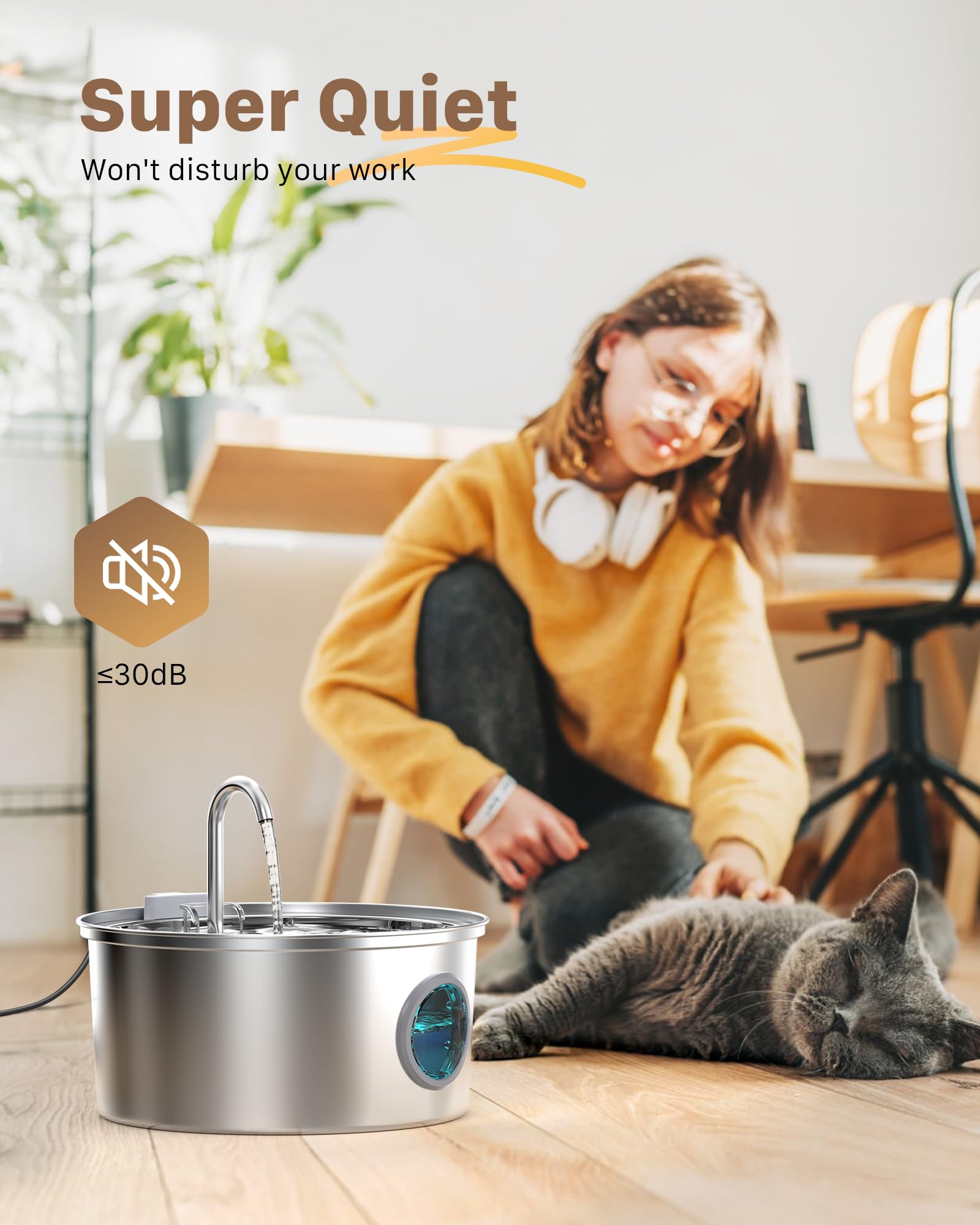 Katzenbrunnen Edelstahl Trinkbrunnen für Katze: Katzenbrunnen für Katzen - 2.2L Wasserbrunnen für Katzen mit 1 Filter und 1 Schwamm - Automatisch Katzentrinkbrunnen für Hunde mit Sichtfenster