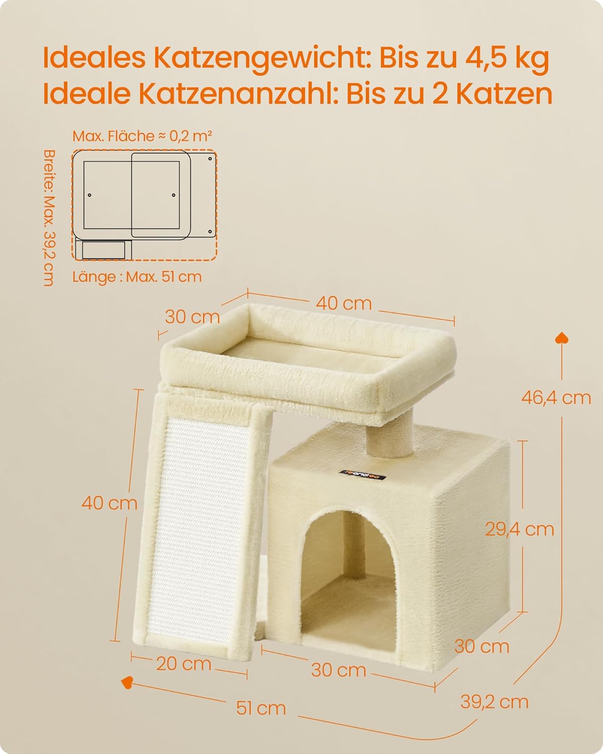 Feandrea Kratzbaum, Katzenbaum mit Kratzsäulen, Rampe, Katzenkratzbaum, 2 große Plattformen, Höhle und Korb, 85,8 cm hoch, Taubengrau PCT013GD01