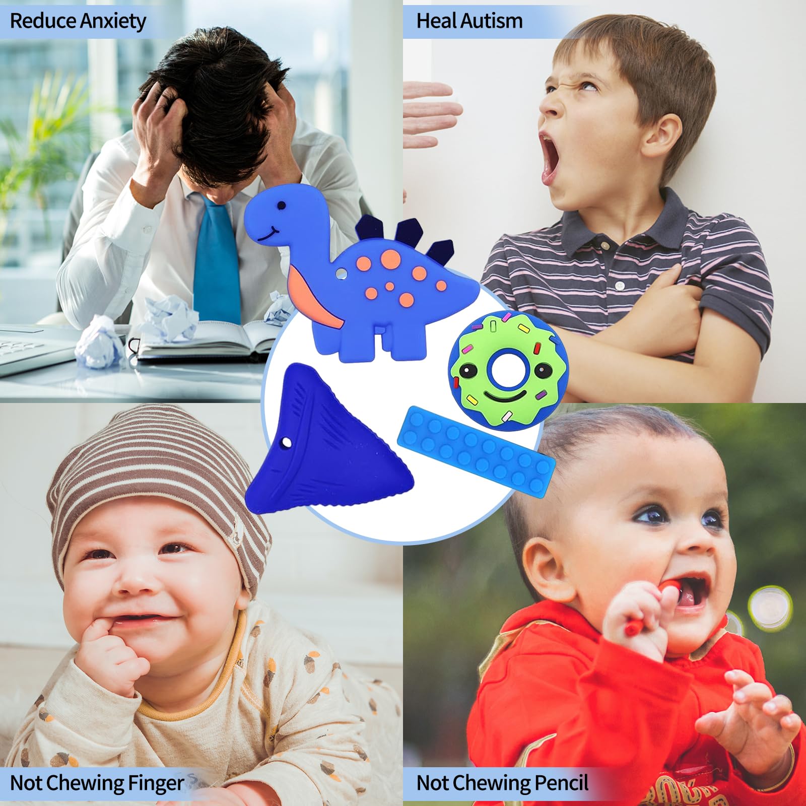 Kaukette für Kinder, 6 Stück Sensory Kauen Halskette, Silikon Beißring für Baby, Autismus Spielzeug für Jungen und Mädchen, Perfekt für Kinder mit ADHS, Zahnen, Beißende, Fingernägel Kauen (Blau)