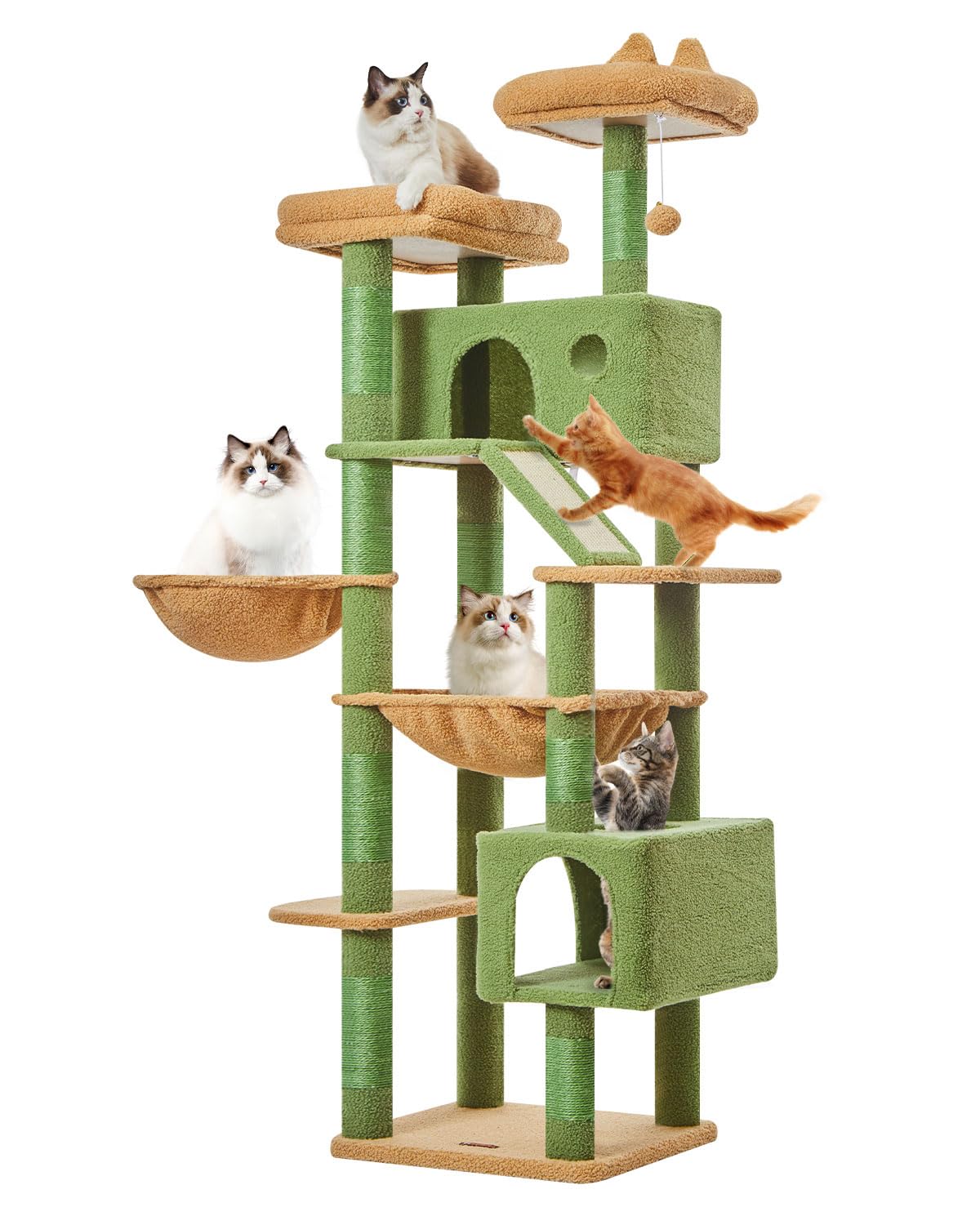 Taoqimiao 180CM Kratzbaum Groß, Katzenbaum Katzen Kratzbaum Grosse Katzen Stabil mit 2 Katzenhaus, Metallhängematte, Korb, 8 Kratzsäulen, Katzenkratztafel, MS026LM Beige