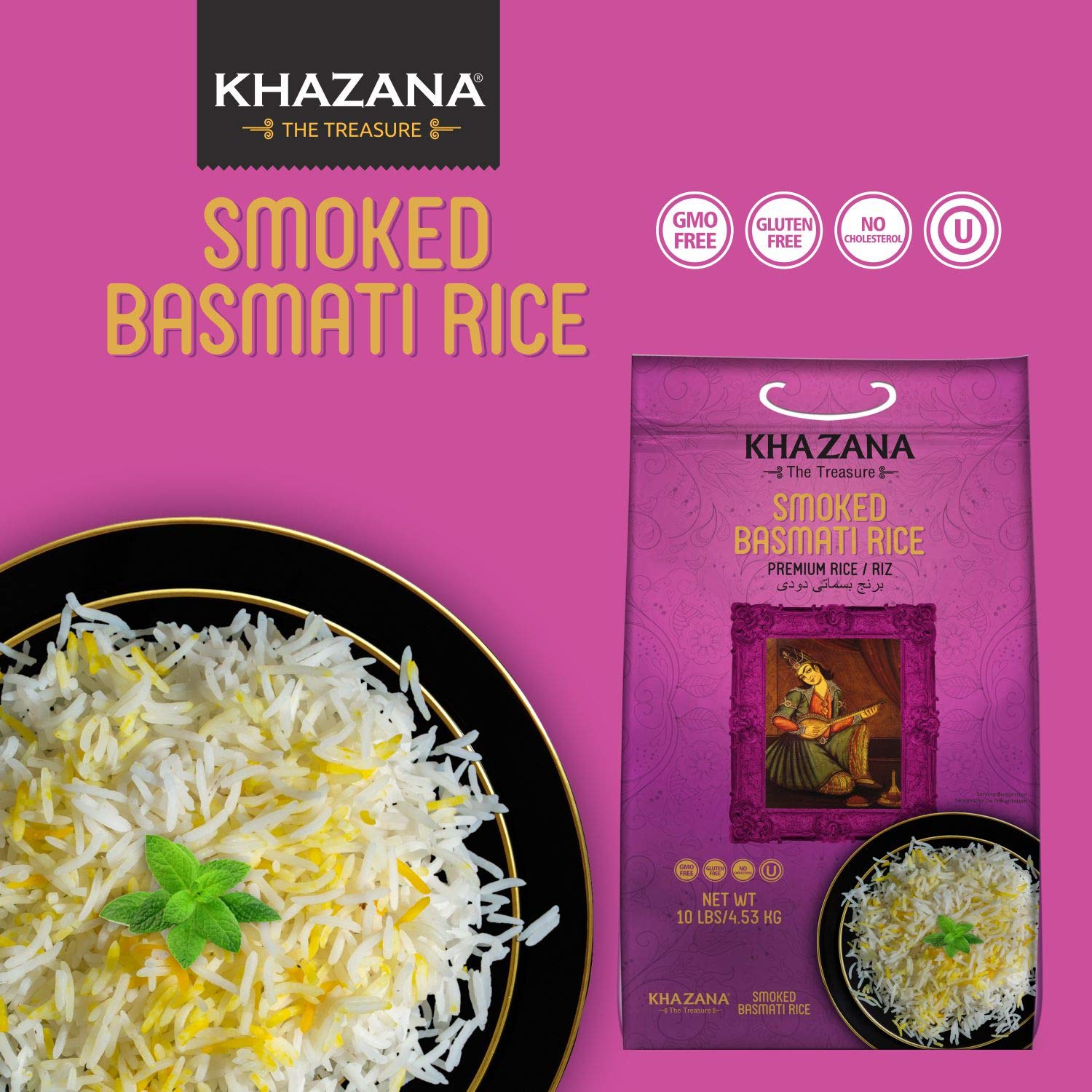 Authentic Smoked Basmati Rice by Khazana in 10 lb Bag - Aromatic and Flavorful Indian Grain - Non-GMO, Gluten Free, Kosher, Cholesterol Free