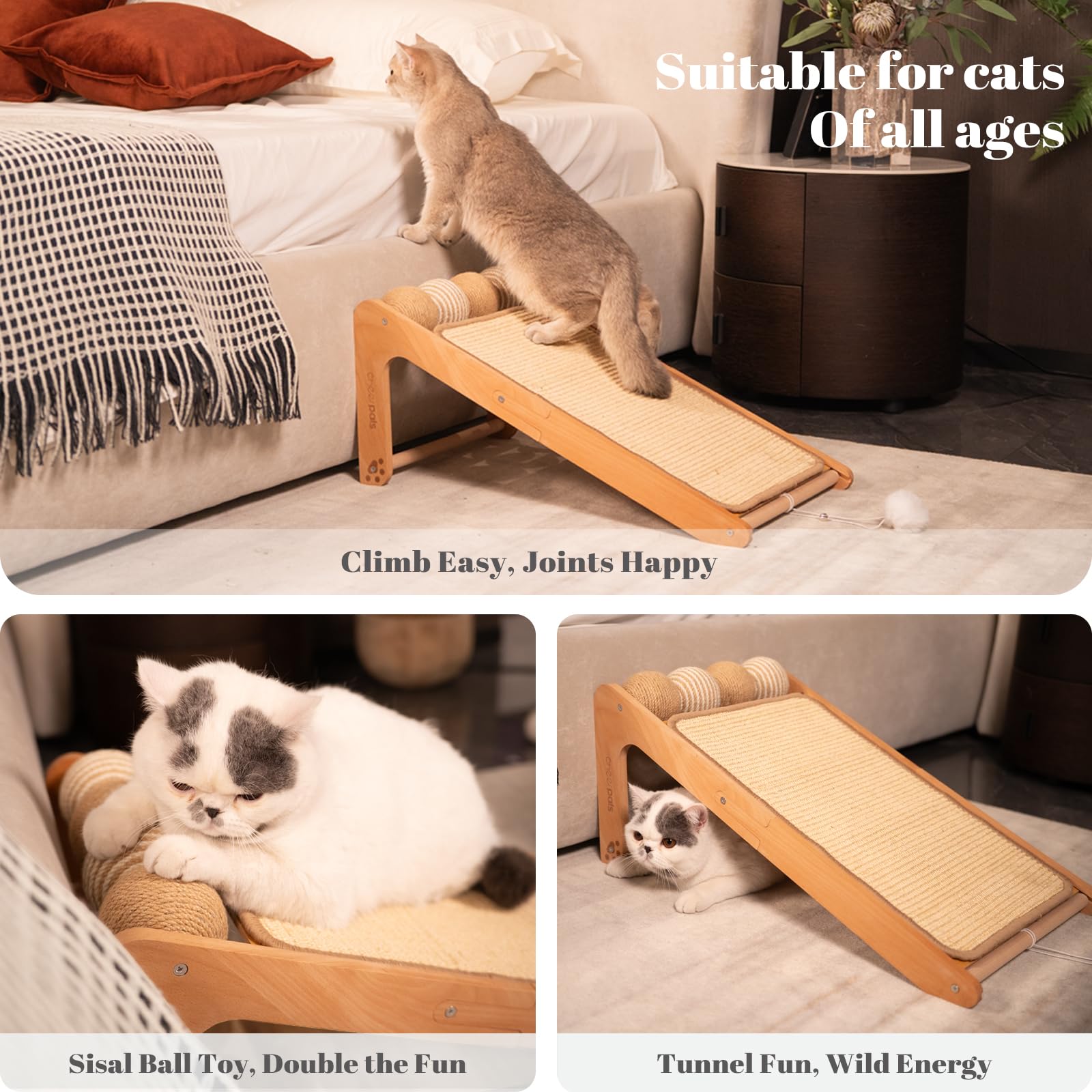 CheerPals Dual-Use Sisal Kratzbrett Katzen- Large 63cm H, Massivholz Buche & Natürliche Sisal Kratzsäule Katze, L-förmige Kratzmöbel für alle Katzen Spielen, Entspannen