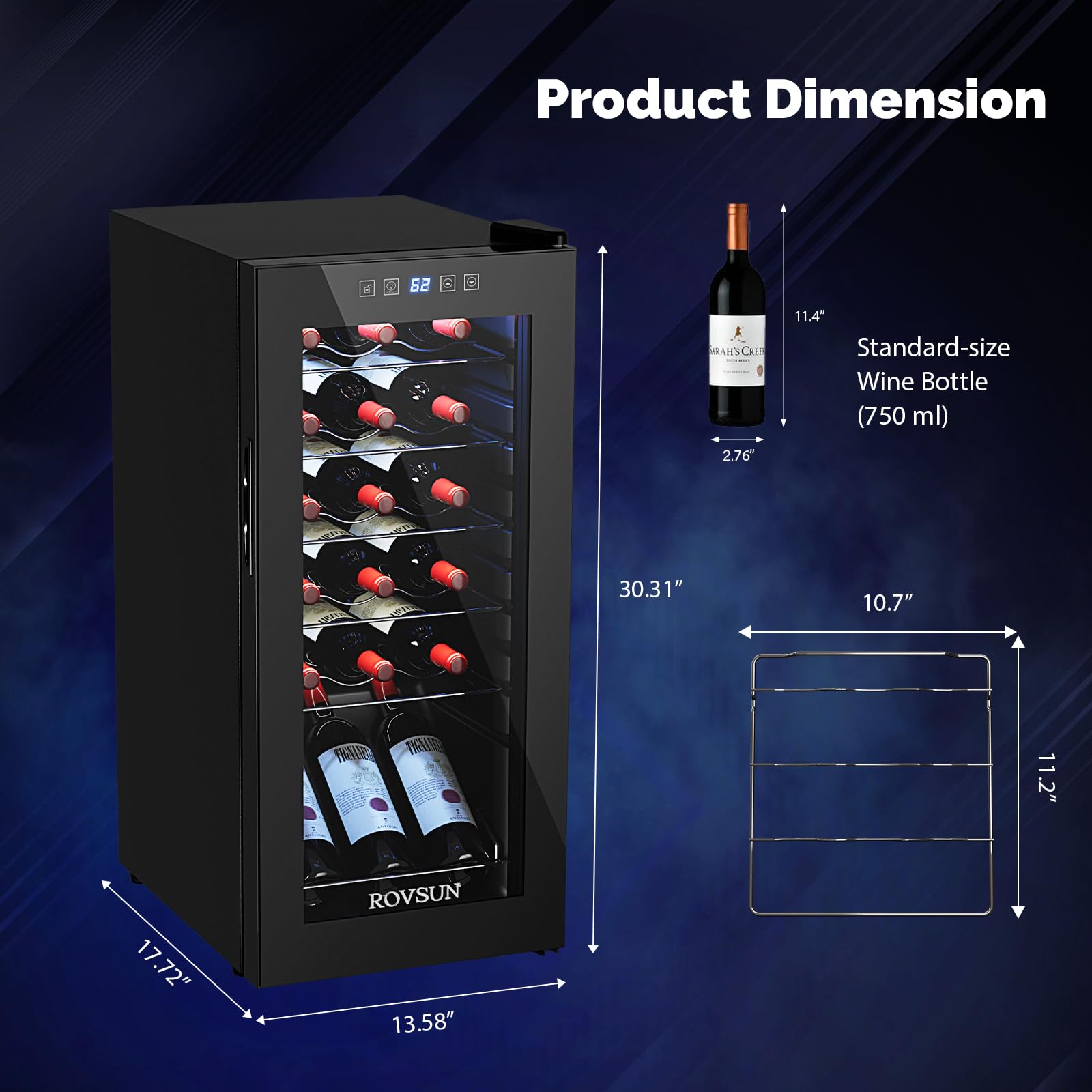ROVSUN 18 Bottle Wine Fridge, Freestanding Compressor Wine Cooler Refrigerator, Beverage Wine Chiller with Digital Temperature Control & Double-layer Glass Door for Red White Wine, Champagne, Beer