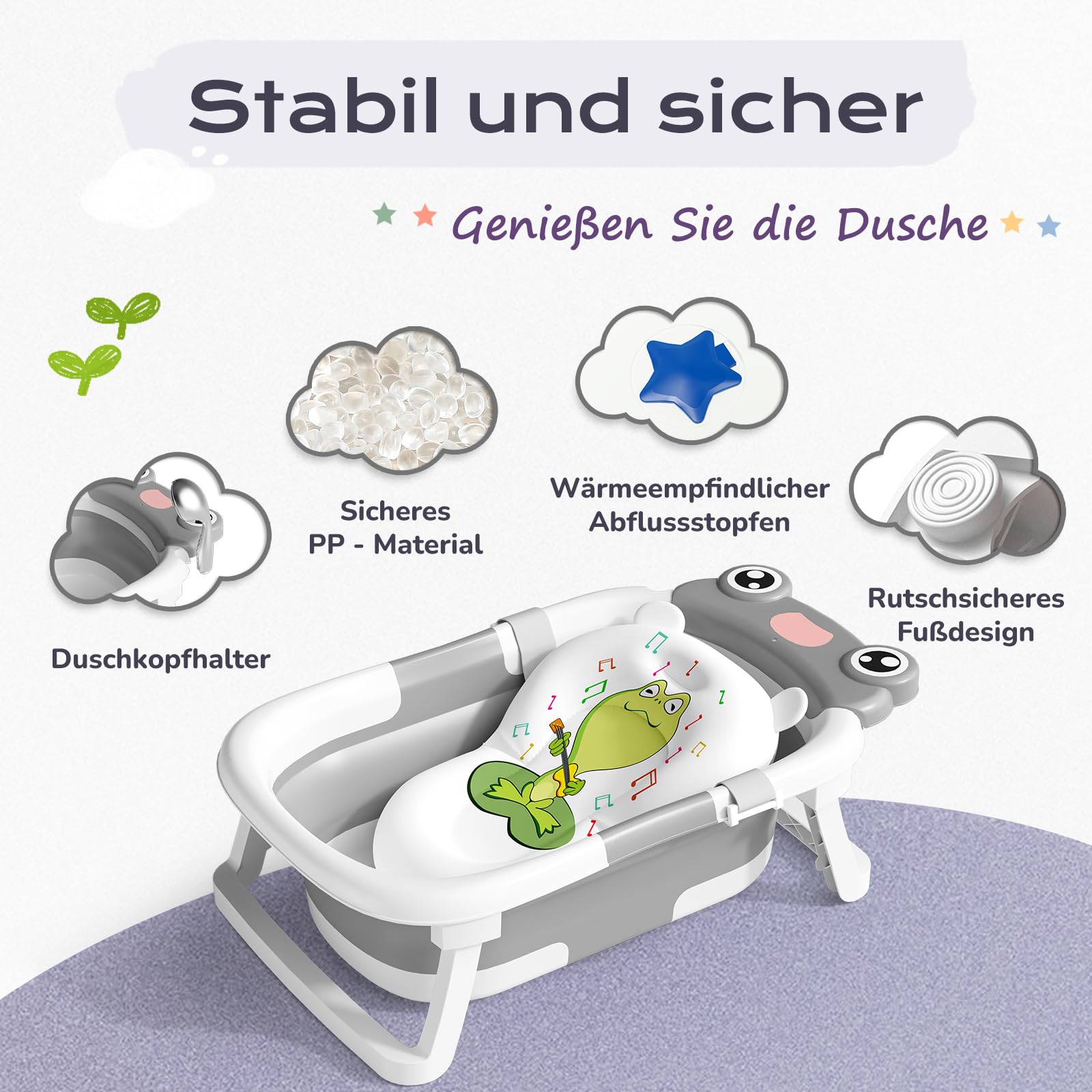 COOSEYA Baby Badewanne für 0-18 Monate, Faltbare Babywanne mit Babybadewanne Stützkissen, Portable Baby Bathtub als Wesentliche Artikel für Neugeborene und Kleinkind, Dinosaurier - Design (Grau)