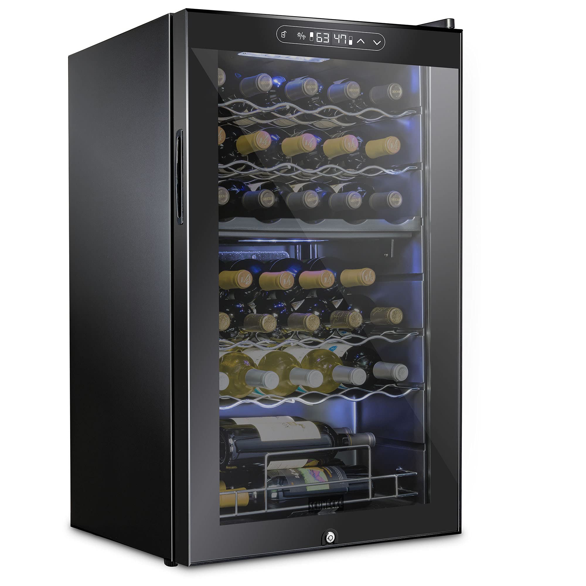SCHMECKE 28 Bottle Compressor Wine Cooler Refrigerator w/Lock - Large Freestanding Wine Cellar - 41f-64f Digital Temperature Control Wine Fridge For Red, White, Champagne or Sparkling Wine - Black