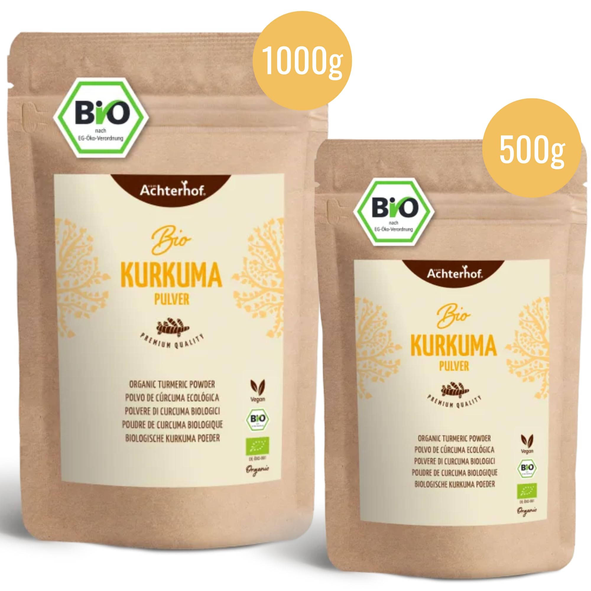 Kurkuma Pulver 1000g | fein gemahlene Kurkumawurzel in Bio-Qualität | Ideal zur Zubereitung einer Goldenen Milch, als Zugabe in Tee, asiatischen Gerichten, würzigen Suppen & Co | vom Achterhof