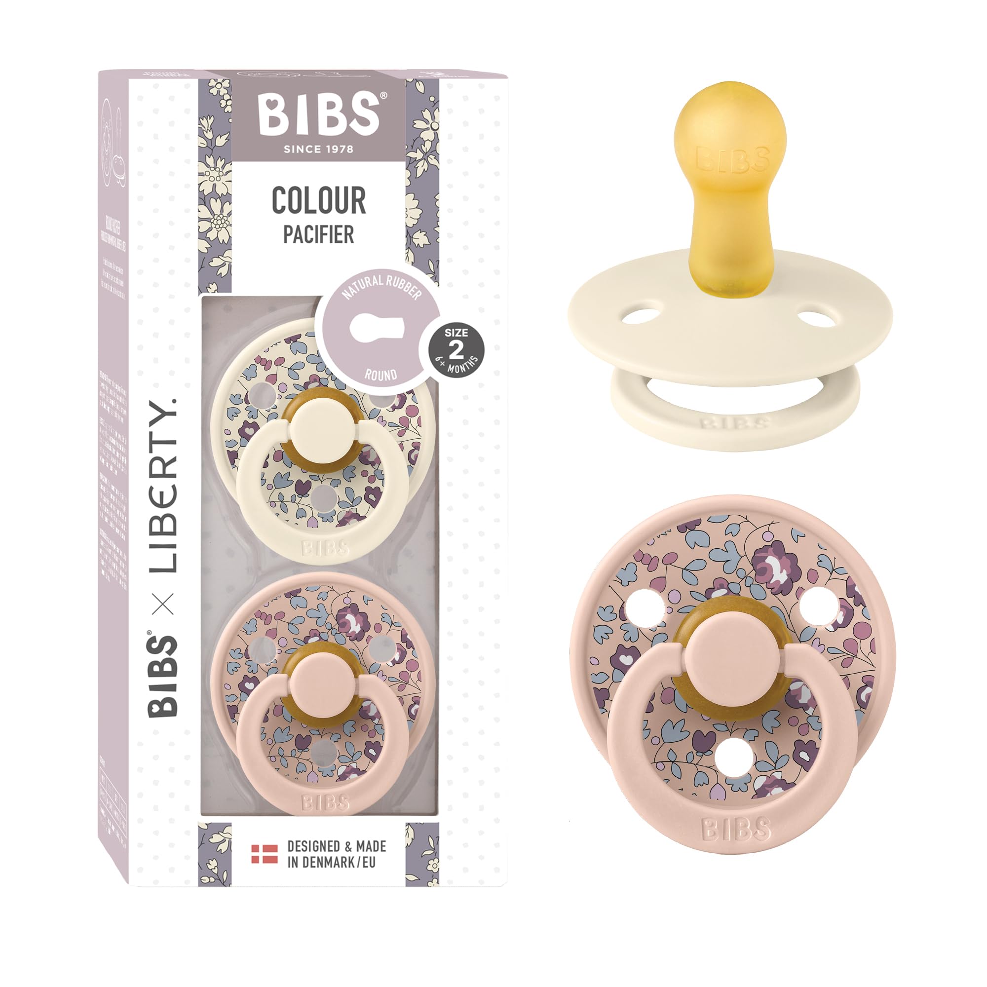 BIBS Colour Liberty Schnuller 2er-Pack, BPA-frei, Kirschform Nippel. Naturkautschuk/Latex, Hergestellt in Dänemark, Größe 2 (6-18 Monate), Chamomile Lawn Violet Sky