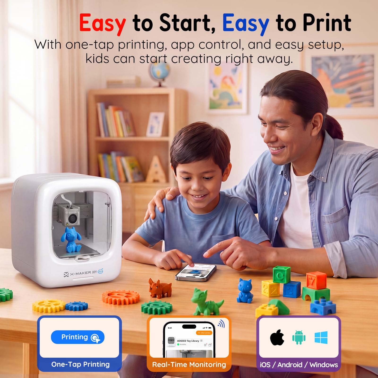 AOSEED 3D Printer for Kids, Fully Assembled AI 3D Printer with 8,000+ Models & 17+ Modules, 400mm/s High Speed, Leveling Free, STEM Toy Gift with 8 PLA Filaments for Home & School, X-Maker Joy AI+