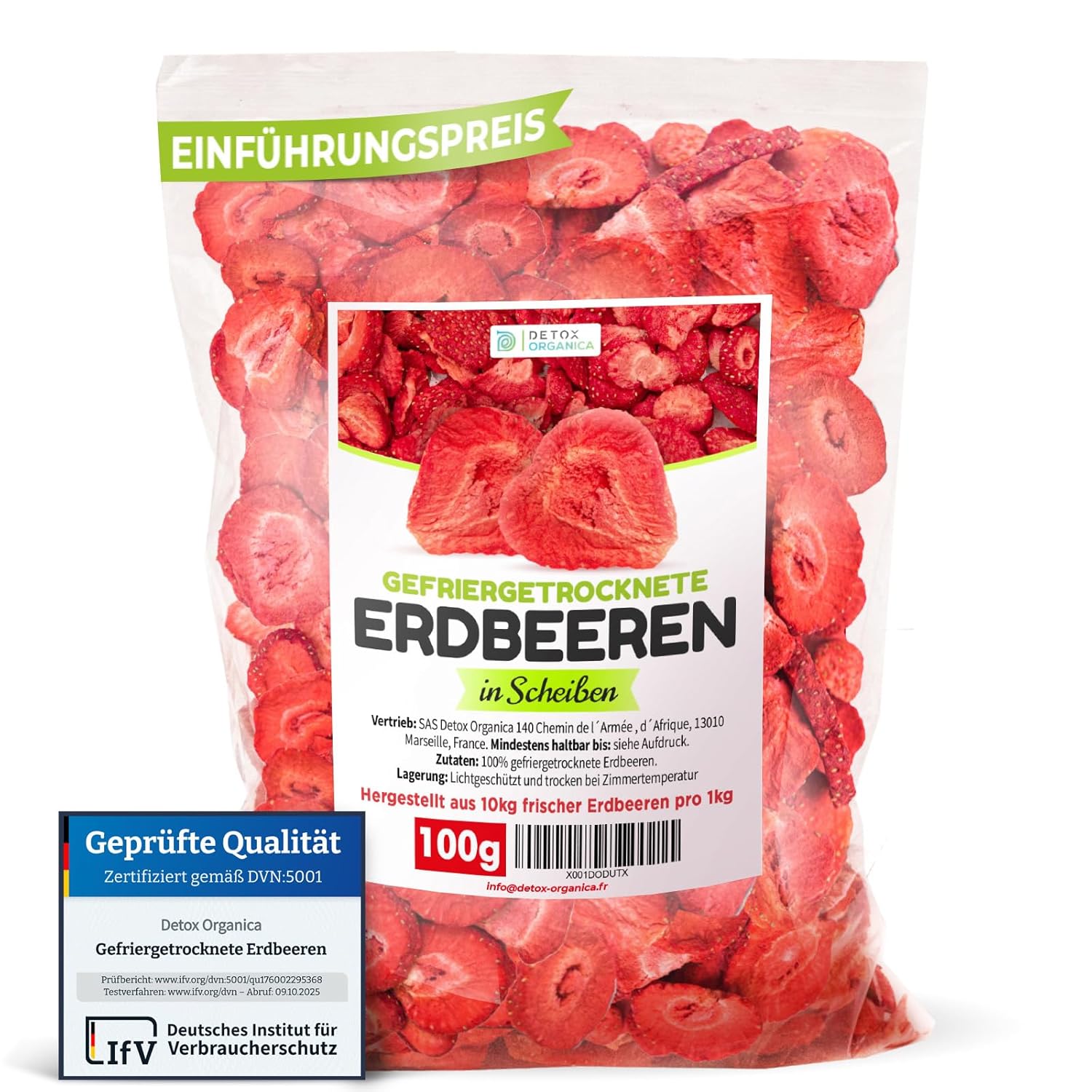 Detox Organica GEFRIERGETROCKNETE ERDBEEREN, 300g Früchte in Scheiben, 100% Trockenfrüchte natürlich und ohne Zusatz von Zucker oder Zusatzstoffen, Erdbeerchips freeze dried strawberries (300g)