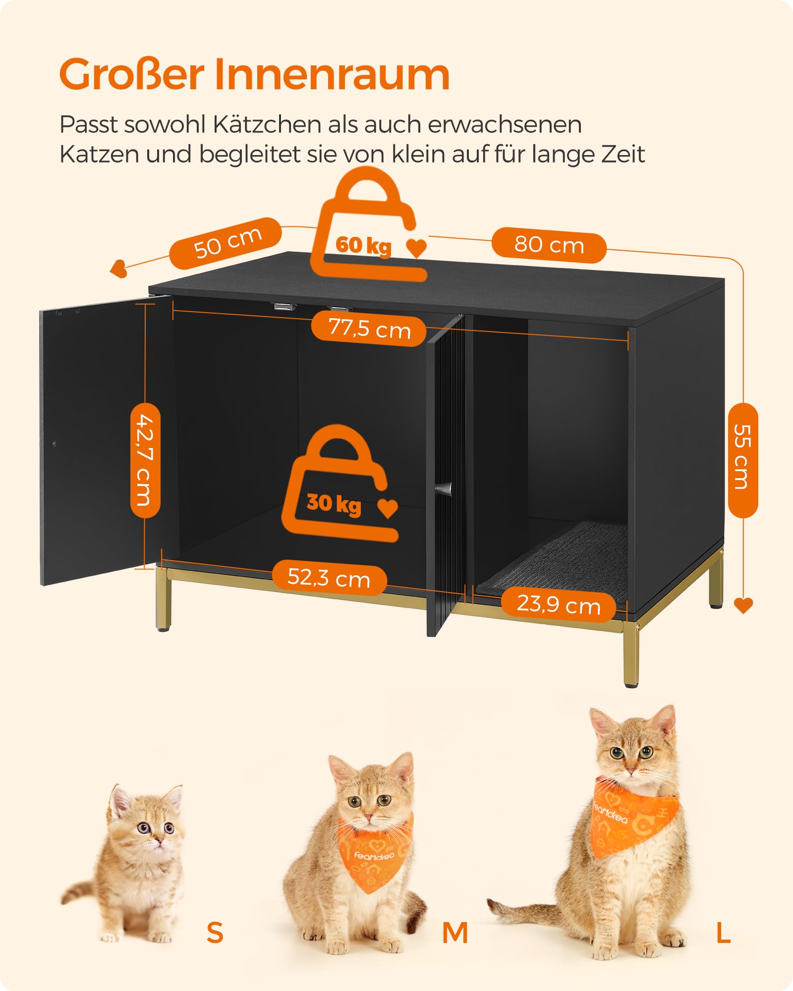 Feandrea Katzenklo-Schrank, Katzenhaus, Katzentoilette, mit Kratzmatte, hohe Beine, für Katzen, Beistelltisch, 80 x 50 x 55 cm, weiß-goldfarben PCL007W01
