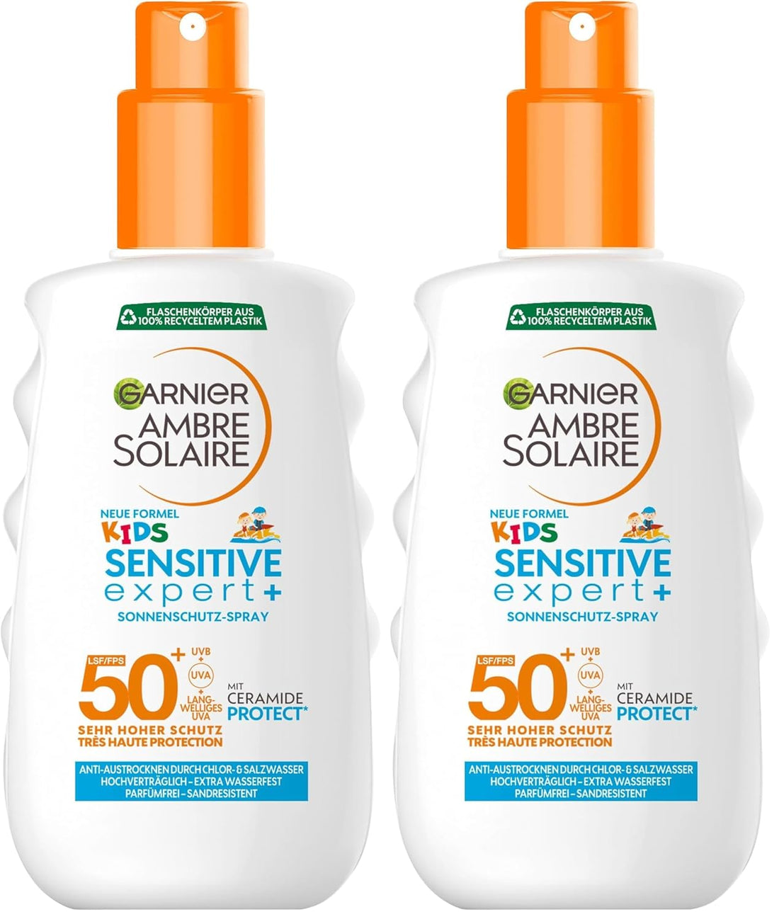 Garnier Sonnencreme LSF 50+ für Kinder, Wasserfest und resistent gegen Sand, Ambre Solaire Kids Sensitive expert+ Sonnenschutzspray, 1 x 150 ml