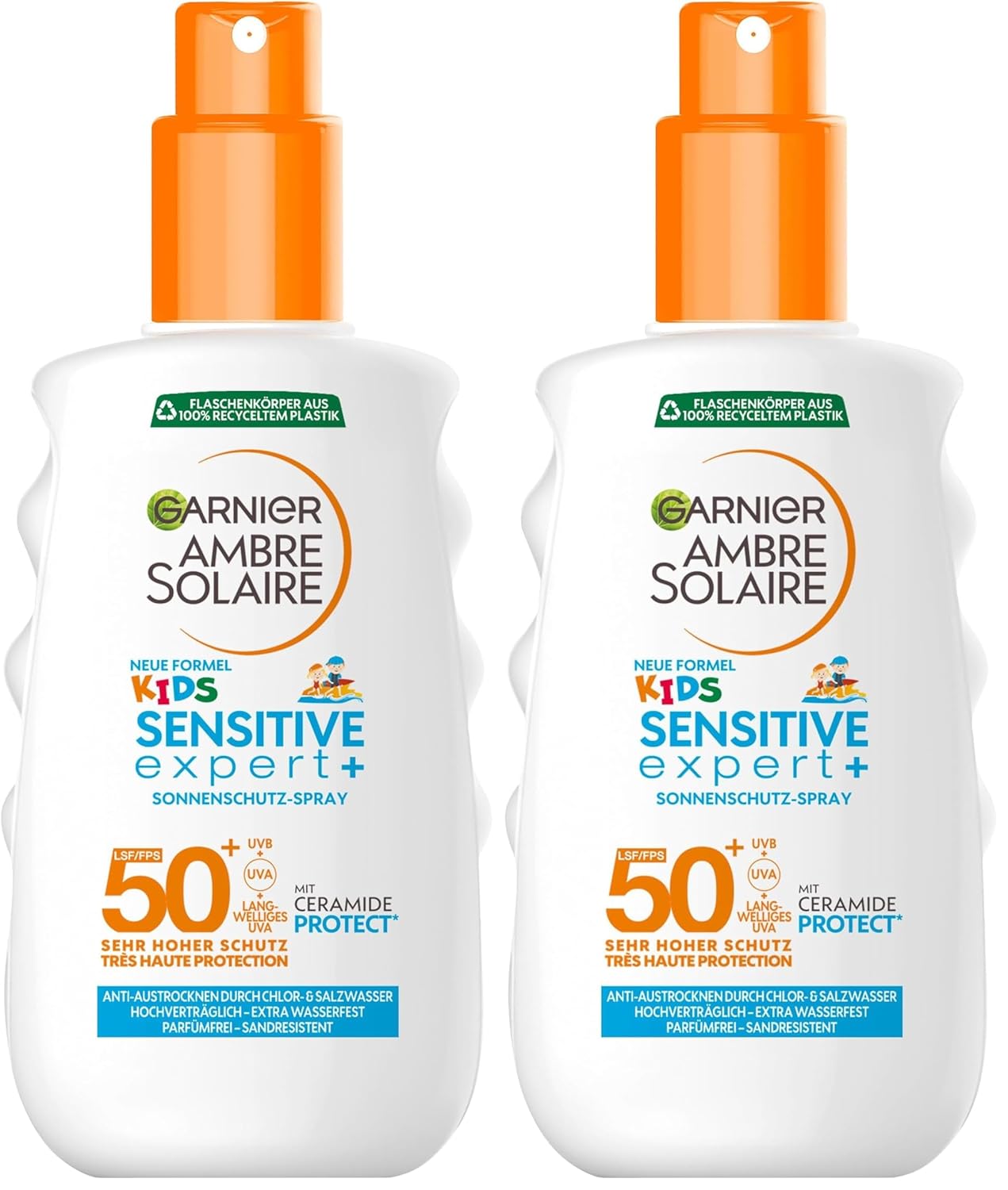 Garnier Sonnencreme LSF 50+ für Kinder, Wasserfest und resistent gegen Sand, Ambre Solaire Kids Sensitive expert+ Sonnenschutzspray, 1 x 150 ml