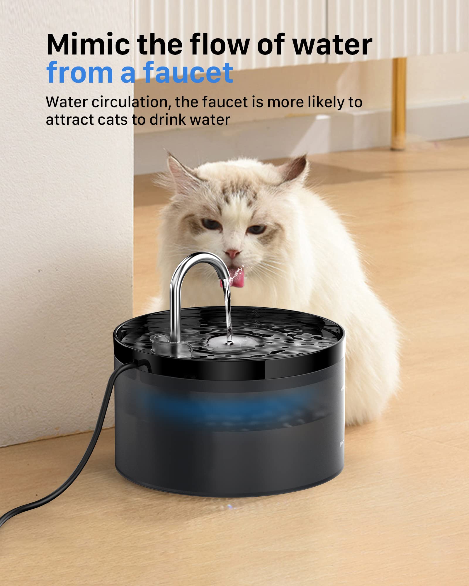 GIOTOHUN Katzenbrunnen Trinkbrunnen für Katze: 2L Katzenbrunnen für Katzen - Katzen Trinkbrunnen Super Silent - Eingebautes LED Licht - Aktivkohlefilter - Durchsichtiger Wassertank - Schwarz
