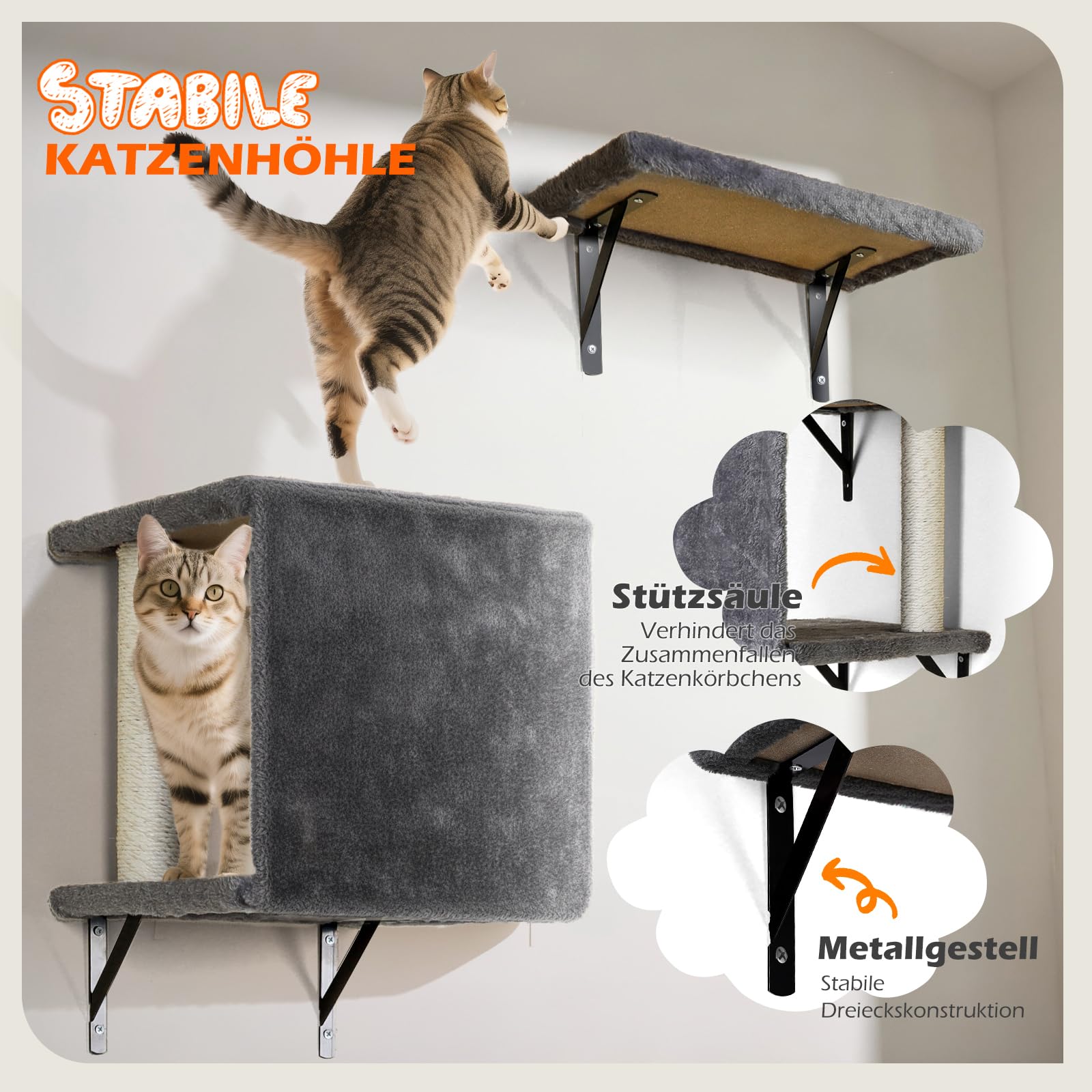 Kletterwand Katzen 10-teilig, Wandmontage Katzenmöbel Set mit Katzenbrücke, Katzenhaus, Kratzbaum & Hängematte, Stabiler Katzentreppe bis 10 kg, Beige
