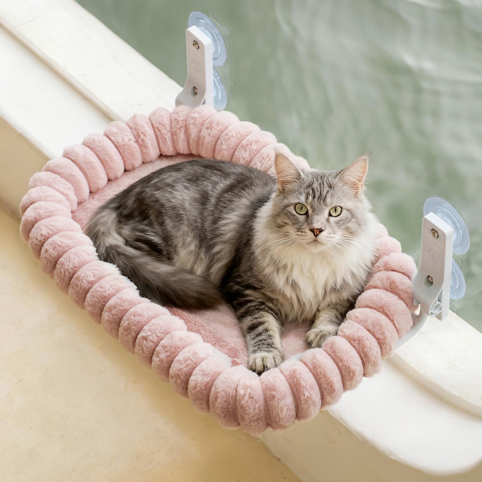 EDAGNY Katzen Fensterliege Hängematte Weich mit Abnehmbarem Wendebezug - Katzen Hängematte Fenster mit Stabiles Stahlgestell Halt bis 18kg, Creme M