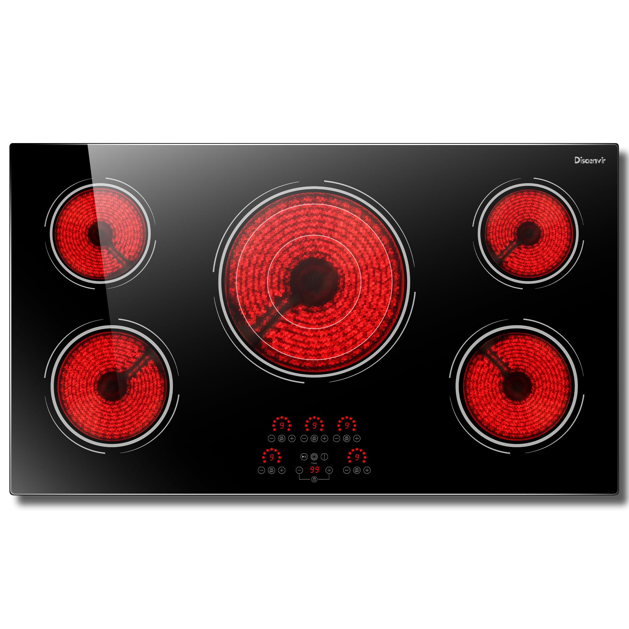 Disaenvir 29.13 Inch (Cut-out Size: 29.13"x19.3") Electric Cooktop - 30 Inch 9000W Powerful 5 Burner Electric Stovetop, Built-in Ceramic Stove 30“, Timer, Safety Lock, Pause, 240V Hard Wired (No Plug)