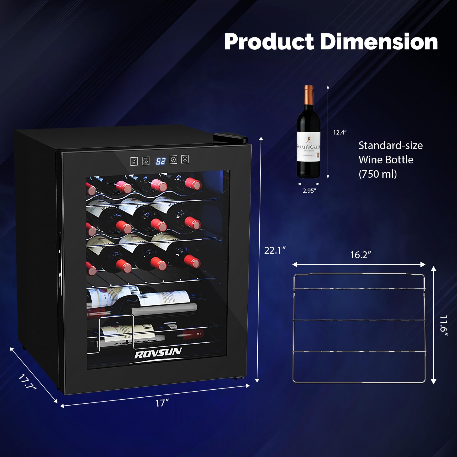 ROVSUN 18 Bottle Wine Fridge, Freestanding Compressor Wine Cooler Refrigerator, Beverage Wine Chiller with Digital Temperature Control & Double-layer Glass Door for Red White Wine, Champagne, Beer
