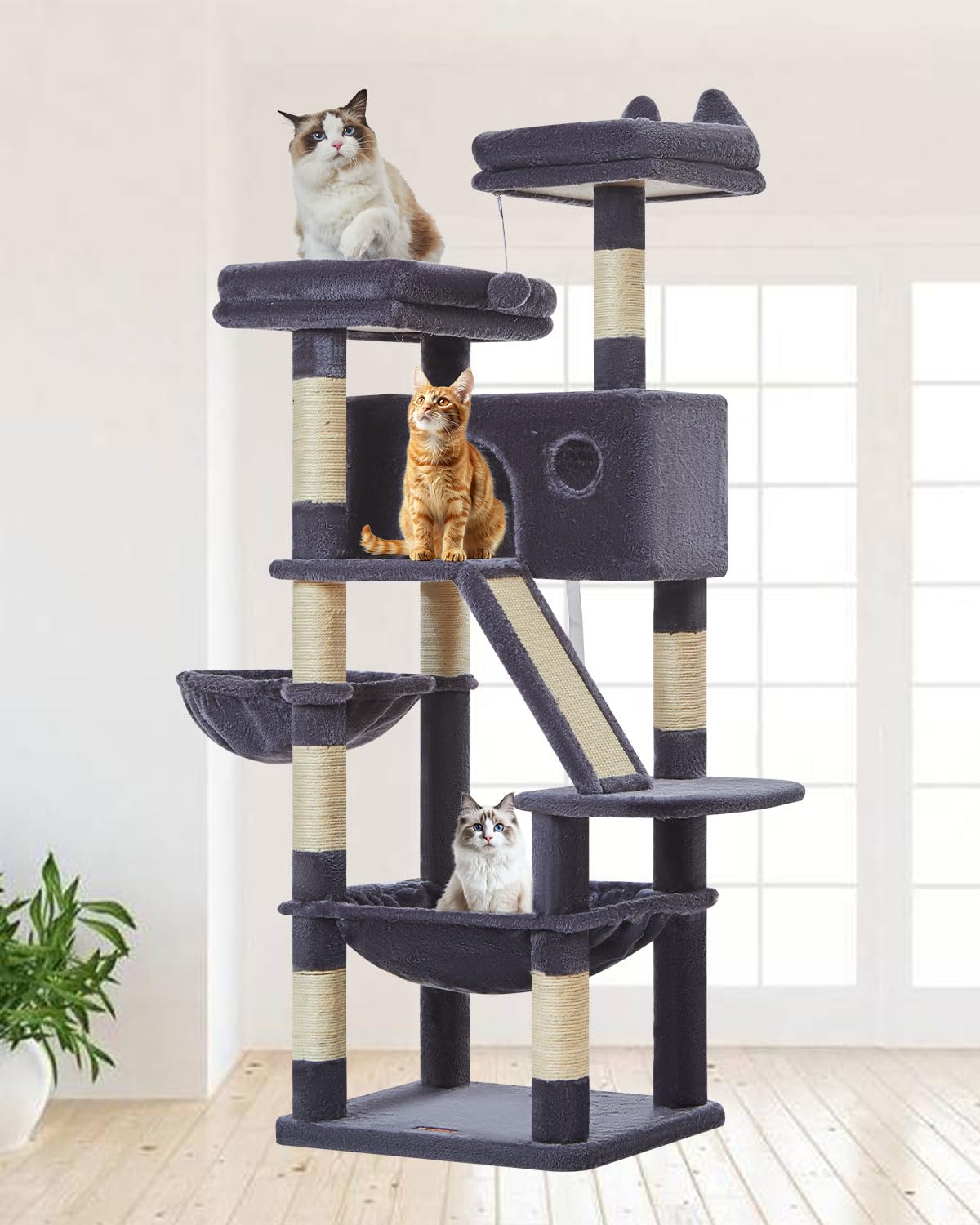 Taoqimiao 180CM Kratzbaum Groß, Katzenbaum Katzen Kratzbaum Grosse Katzen Stabil mit 2 Katzenhaus, Metallhängematte, Korb, 8 Kratzsäulen, Katzenkratztafel, MS026LM Beige