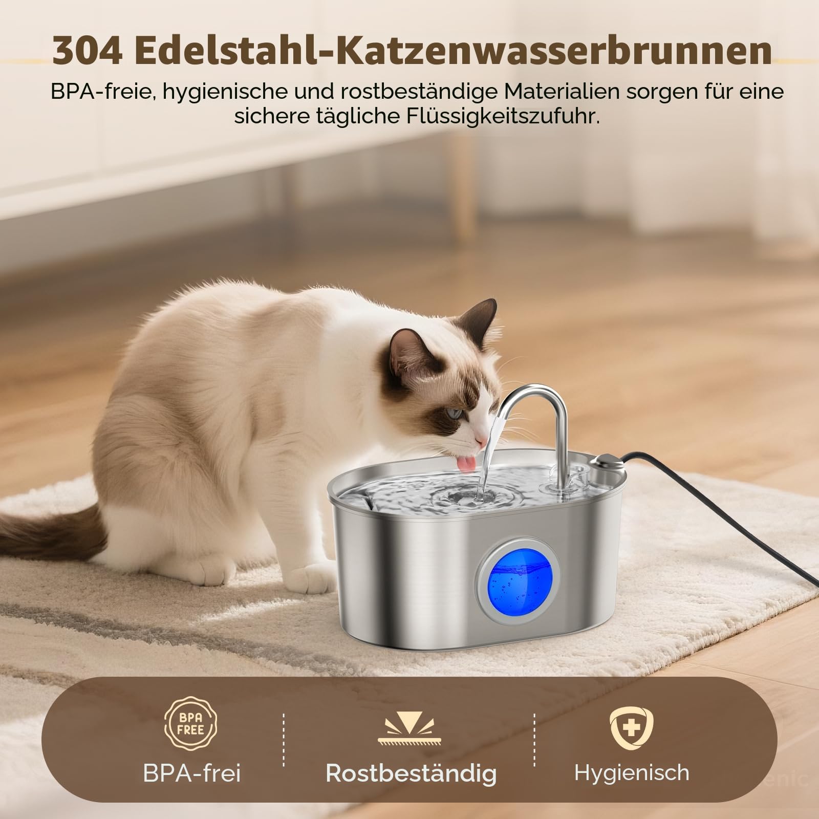 Invengo MeowFlow B30 Trinkbrunnen für Katzen, 2,2L Edelstahl-Haustierbrunnen mit sichtbarem Wasserfenster, einfach zu reinigen und installieren, inkl. 4 Ersatzfilter, spritzwassergeschütztes Design