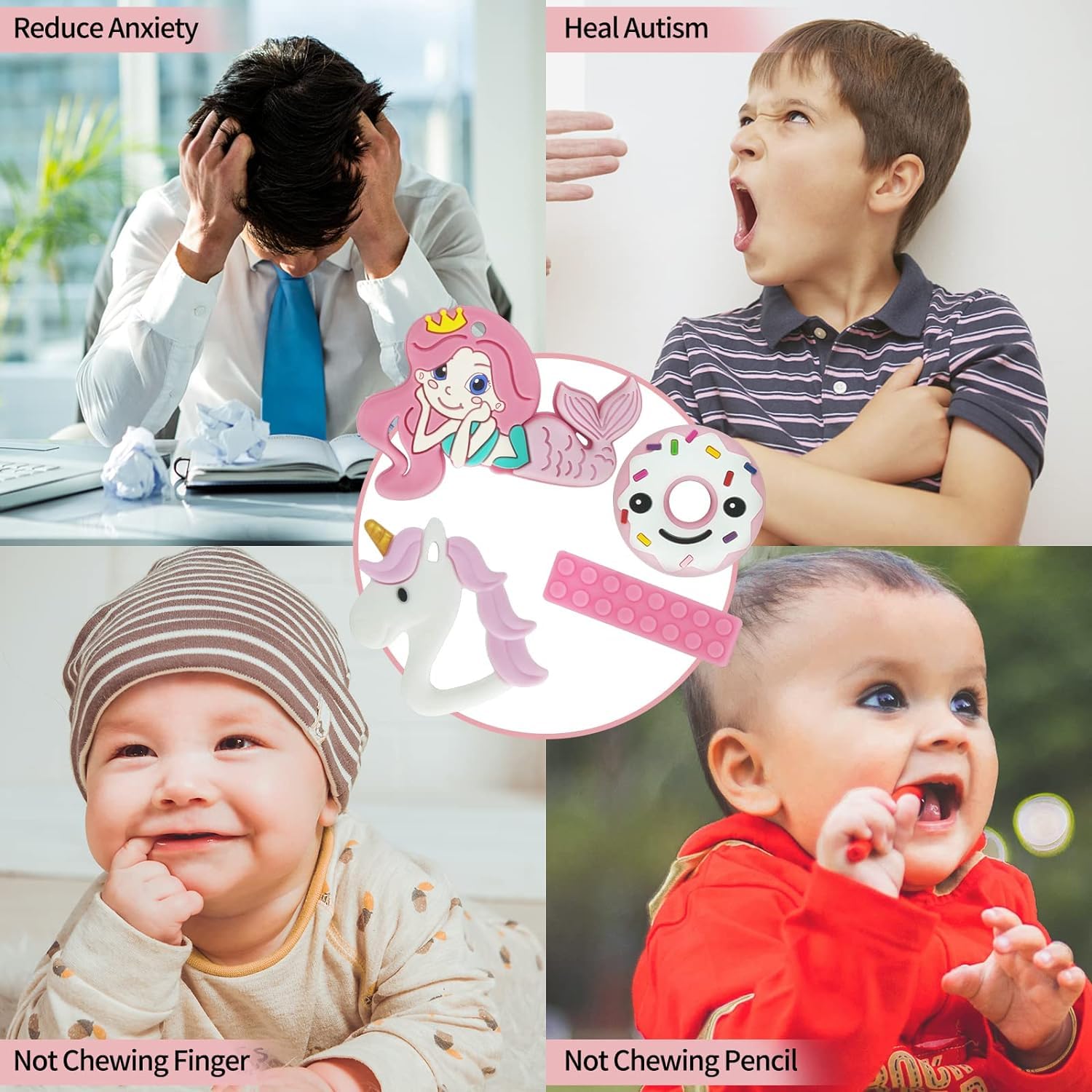 Kaukette für Kinder, 6 Stück Sensory Kauen Halskette, Silikon Beißring für Baby, Autismus Spielzeug für Jungen und Mädchen, Perfekt für Kinder mit ADHS, Zahnen, Beißende, Fingernägel Kauen (Blau)