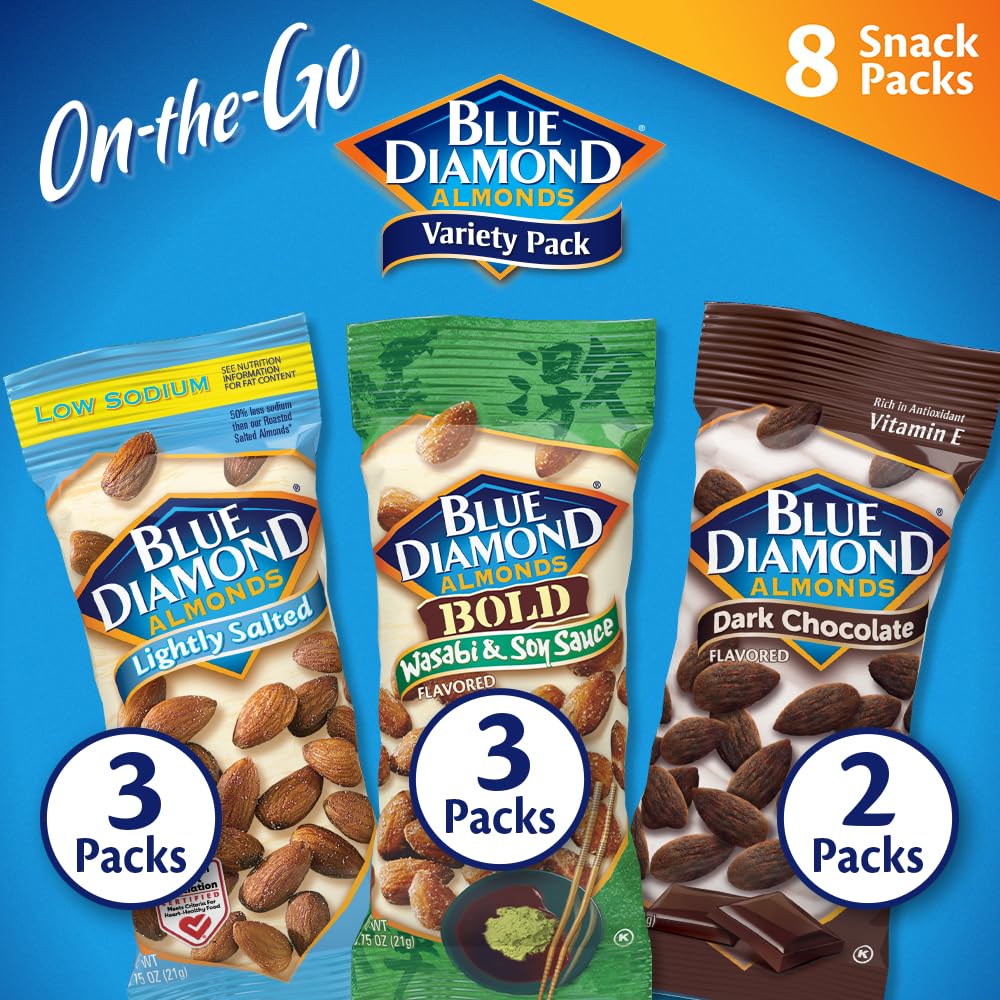 Blue Diamond Almonds Snack Nut Variety Pack for Kids, Office, School, On-the-go, 0.75 oz Gluten Free Individual Packs, Wasabi & Soy Sauce, Lightly Salted, and Smokehouse (Pack of 1, 24 Count Total)