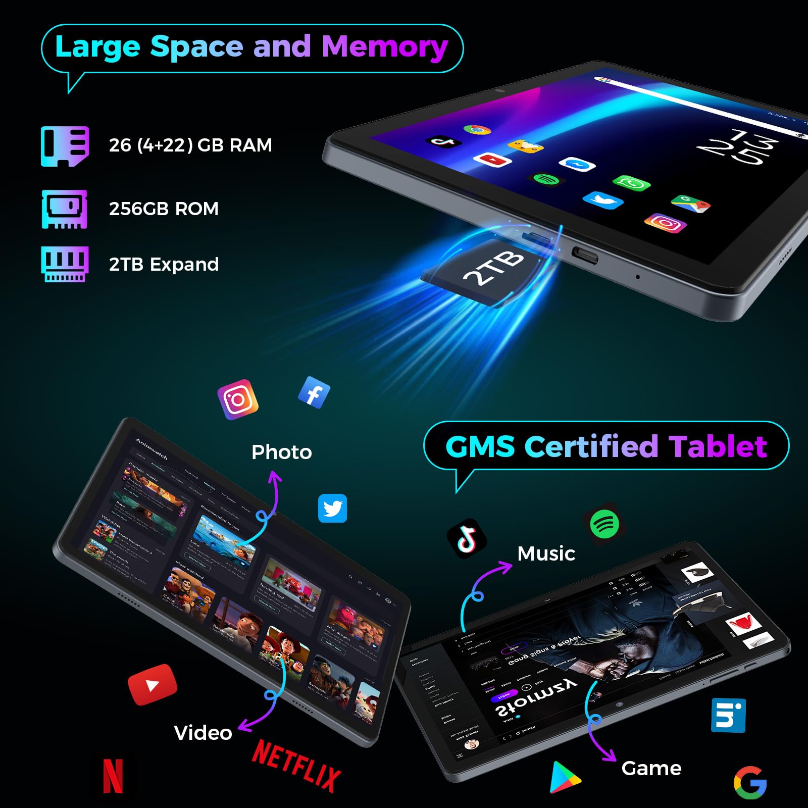 2026 Gemini AI Android 16 Tablet, 10 inch Tablet with Keyboard, 26GB+256GB (2TB Expand), 2-in-1 Tablets with 8-Core, 5G WiFi, 8000mAh, GMS, GPS, Electronic Tablets PC with Mouse, Case, Stylus (Black)