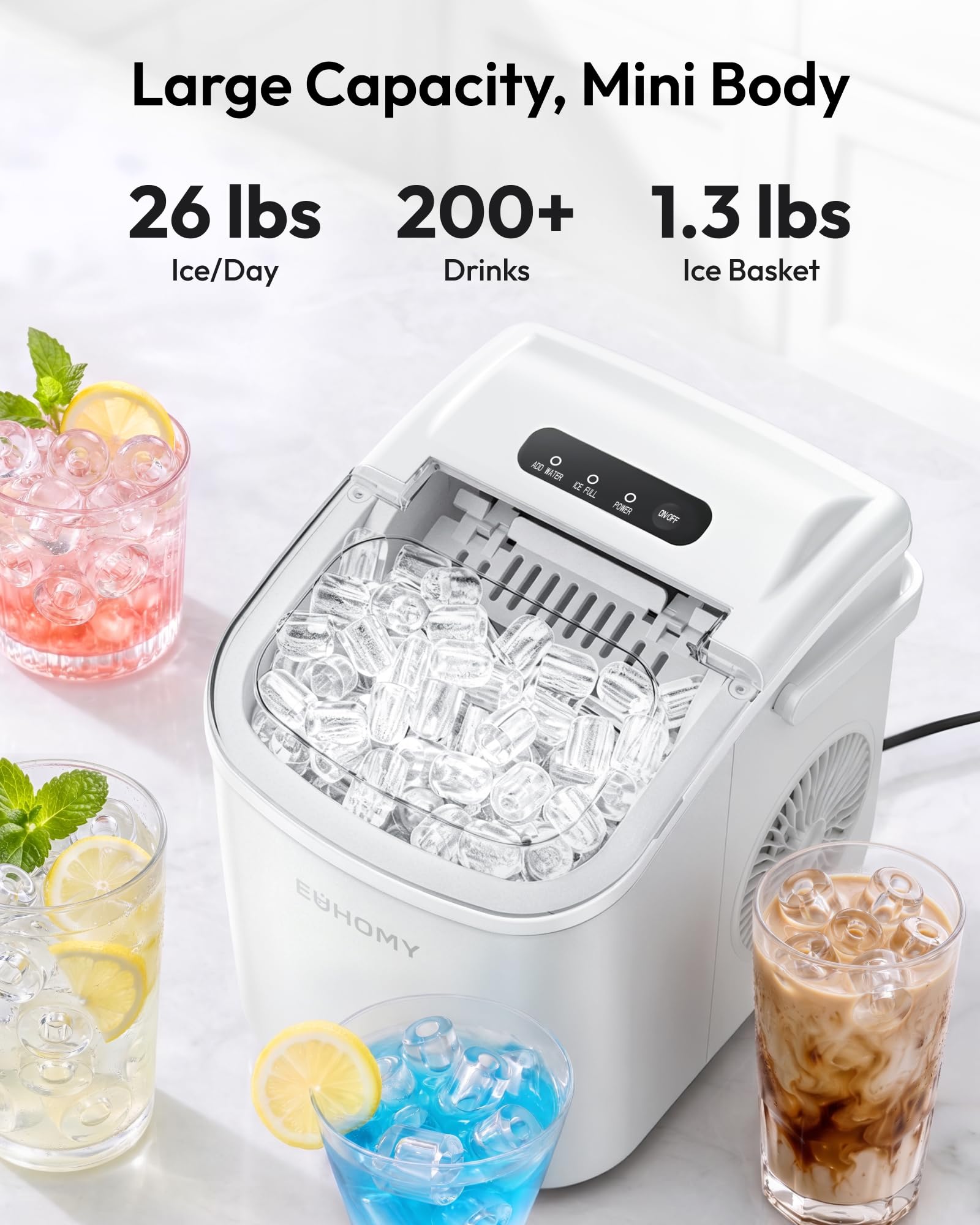 EUHOMY Countertop Ice Maker Machine with Handle, 26lbs in 24Hrs, 9 Ice Cubes Ready in 6 Mins, Auto-Cleaning Portable Ice Maker with Basket and Scoop, for Home/Kitchen/Camping/RV. (Black)