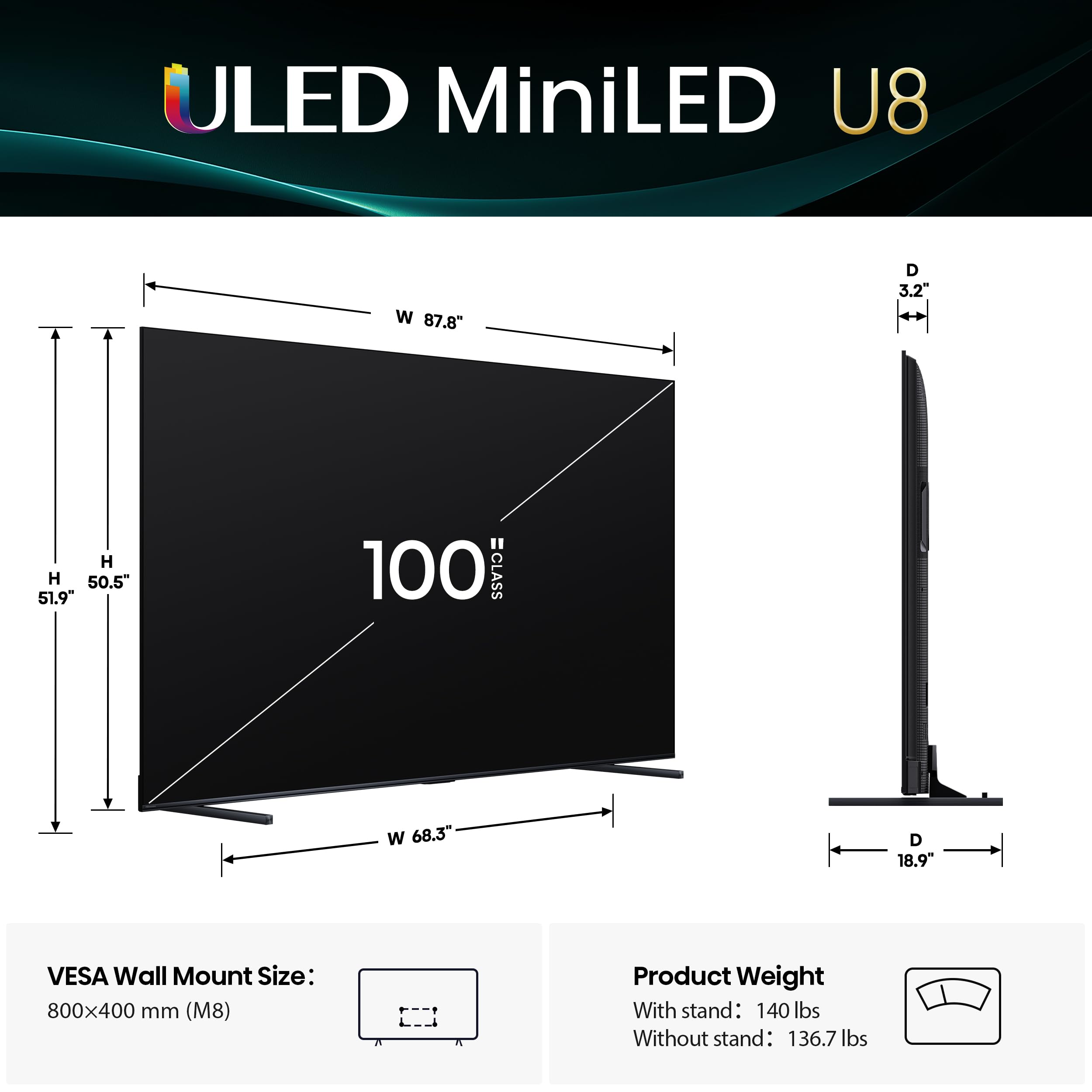 Hisense 65" U8 Series ULED Mini-LED 4K UHD Smart Google TV (65U8QG) - QLED, Native 165Hz, VRR 288, Up to LD5600, 5000 Nits, HDR10+, Dolby Vision IQ · Atmos, IMAX Enhanced, 4.1.2 Ch Audio