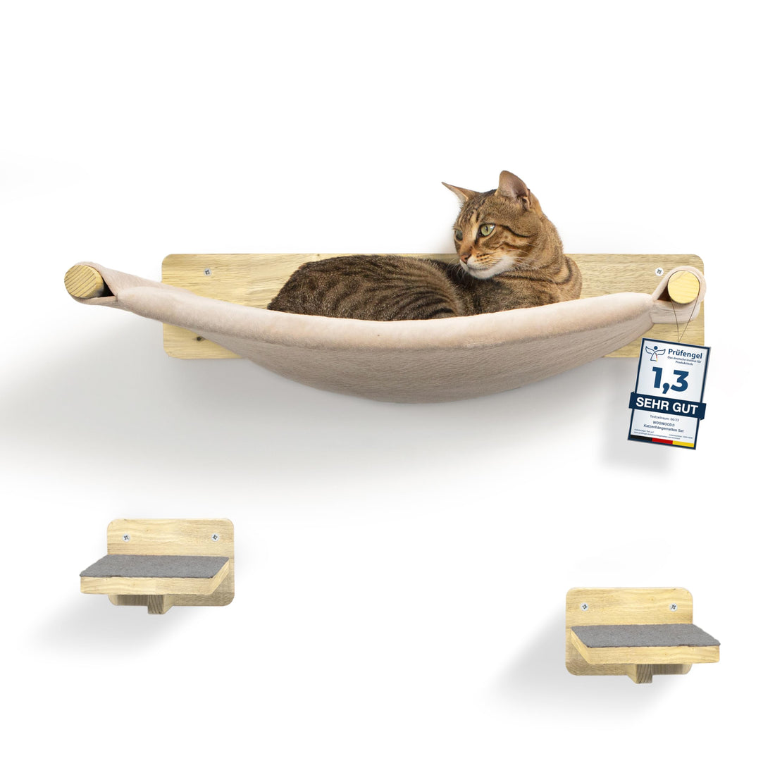 WOOWOOD® 2X Kletterwand Katzen - 3X Katzentreppe Wand- Kratzbaum Wand - Hängematte Katze - Wandkratzbaum - Katzenmöbel - Katzenwand - Katzen Kletterwand Set - Naturhell