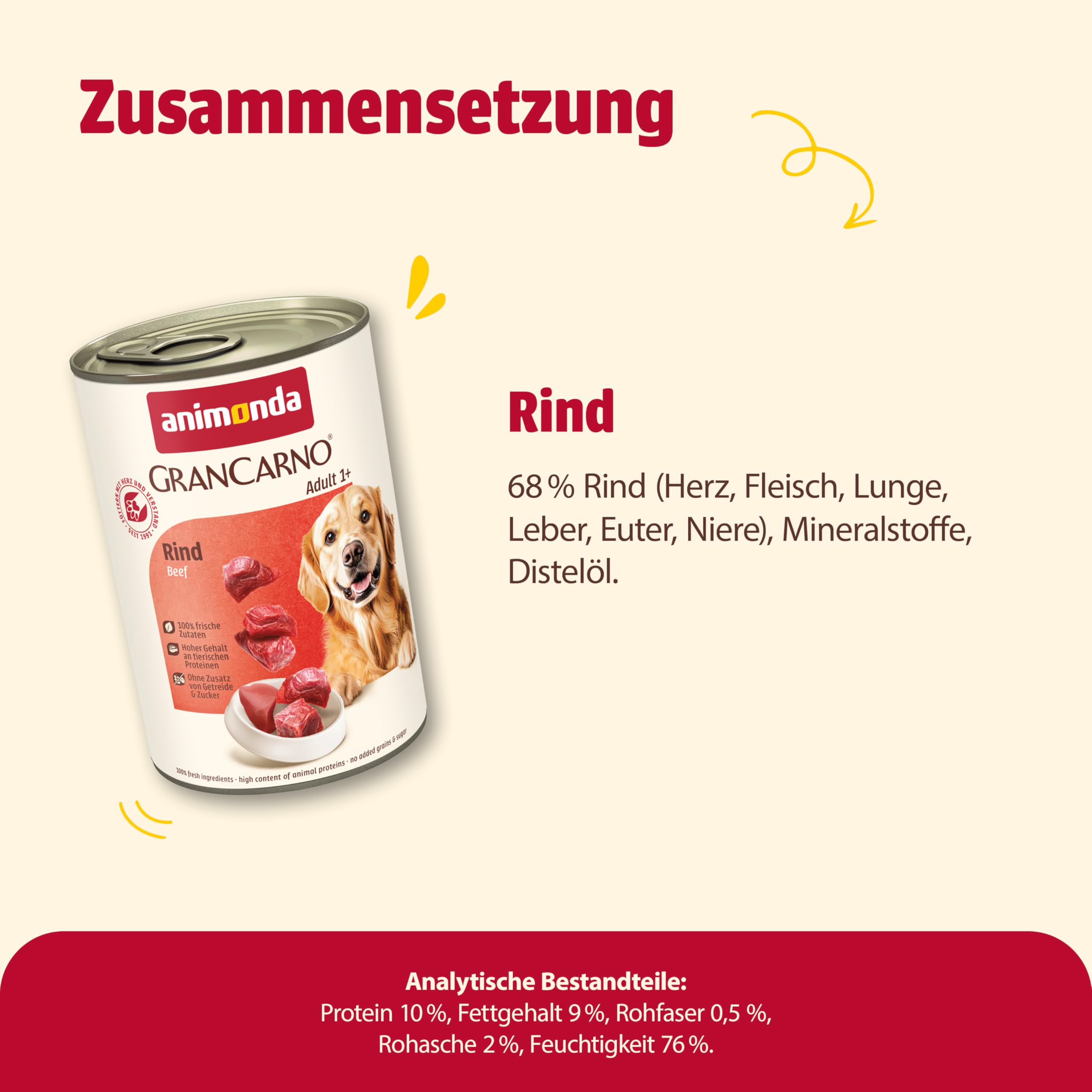 animonda GranCarno Hunde Nassfutter mit Rind + Entenherzen (6 x 800 g), getreidefreies Hundenassfutter ohne Zucker, für ausgewachsene Hunde, mit frischen fleischigen Zutaten