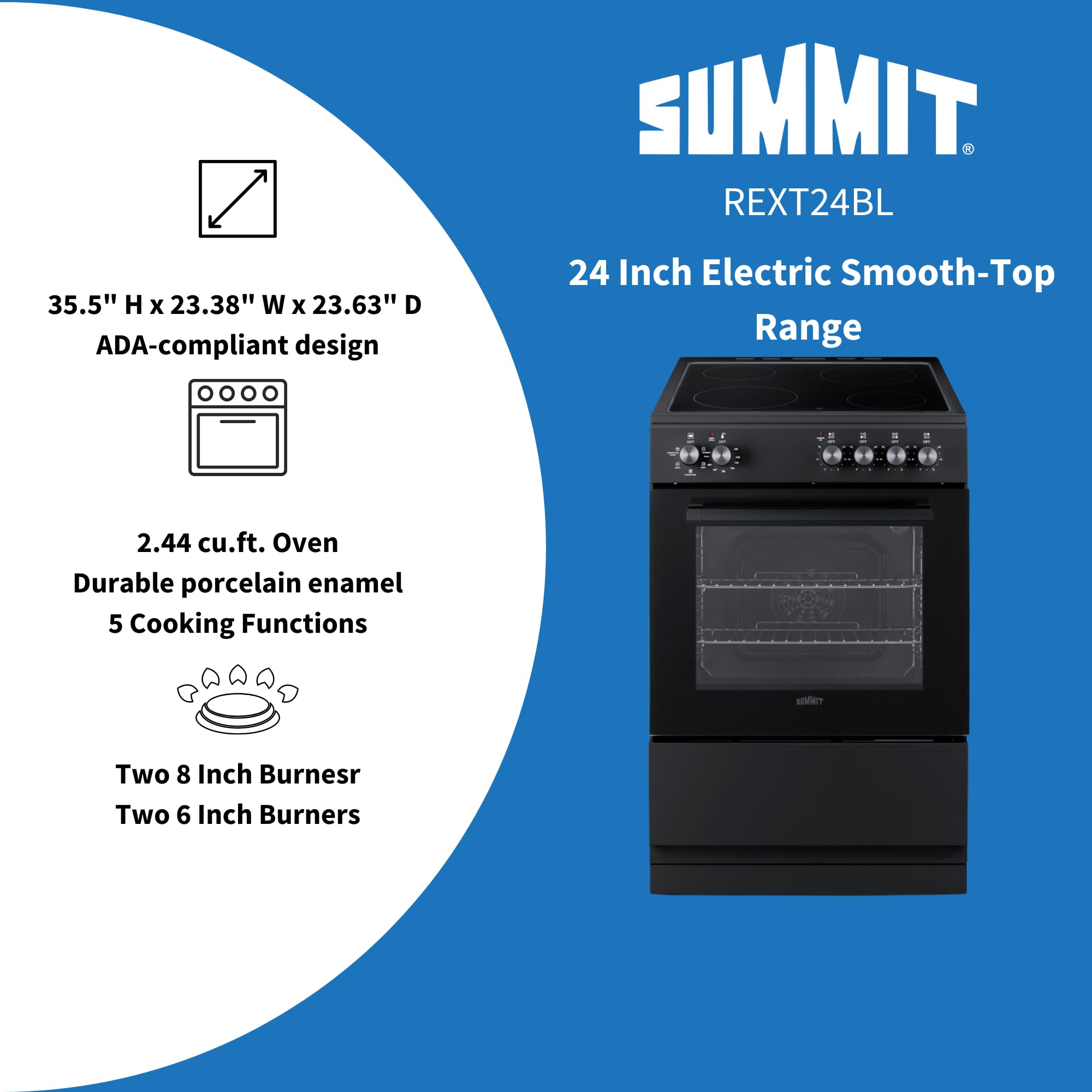 Summit 24” Electric Smooth Top Range, Large 2.44 cu.ft. oven. ADA Compliant, White- REXT24W