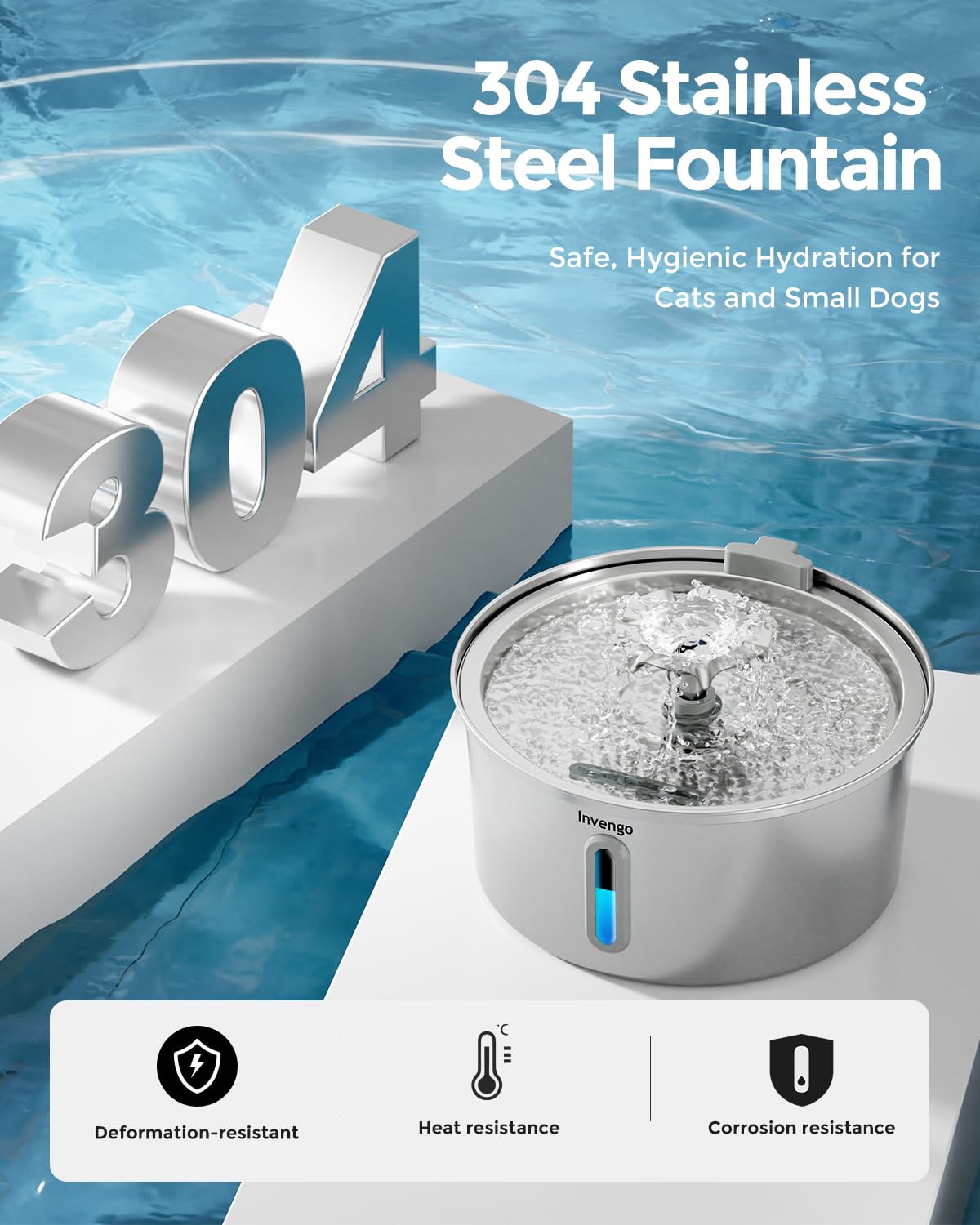 Invengo MeowFlow B30 Trinkbrunnen für Katzen, 2,2L Edelstahl-Haustierbrunnen mit sichtbarem Wasserfenster, einfach zu reinigen und installieren, inkl. 4 Ersatzfilter, spritzwassergeschütztes Design