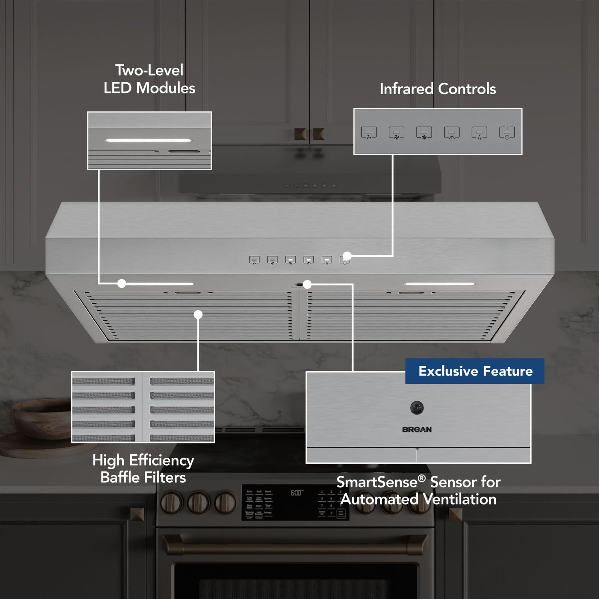 Broan-NuTone BCSQ130SS Three-Speed Glacier Under-Cabinet Range Hood with LED Lights ADA Capable, 1.5 Sones, 375 Max Blower CFM, 30-Inch, Stainless Steel