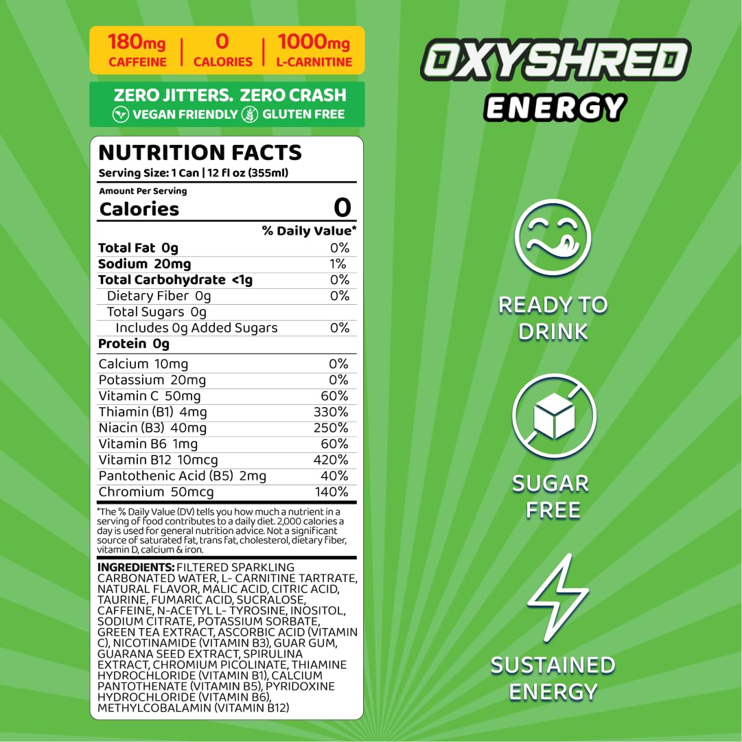 EHP Labs OxyShred Healthy Energy Drink - Zero Sugar Energy Drinks with Amino Acids, Green Tea Extract, Vitamin C & L-Carnitine - Zero Carbs, Zero Calories, Clean Caffeine, Bahama Breeze (12-Pack)